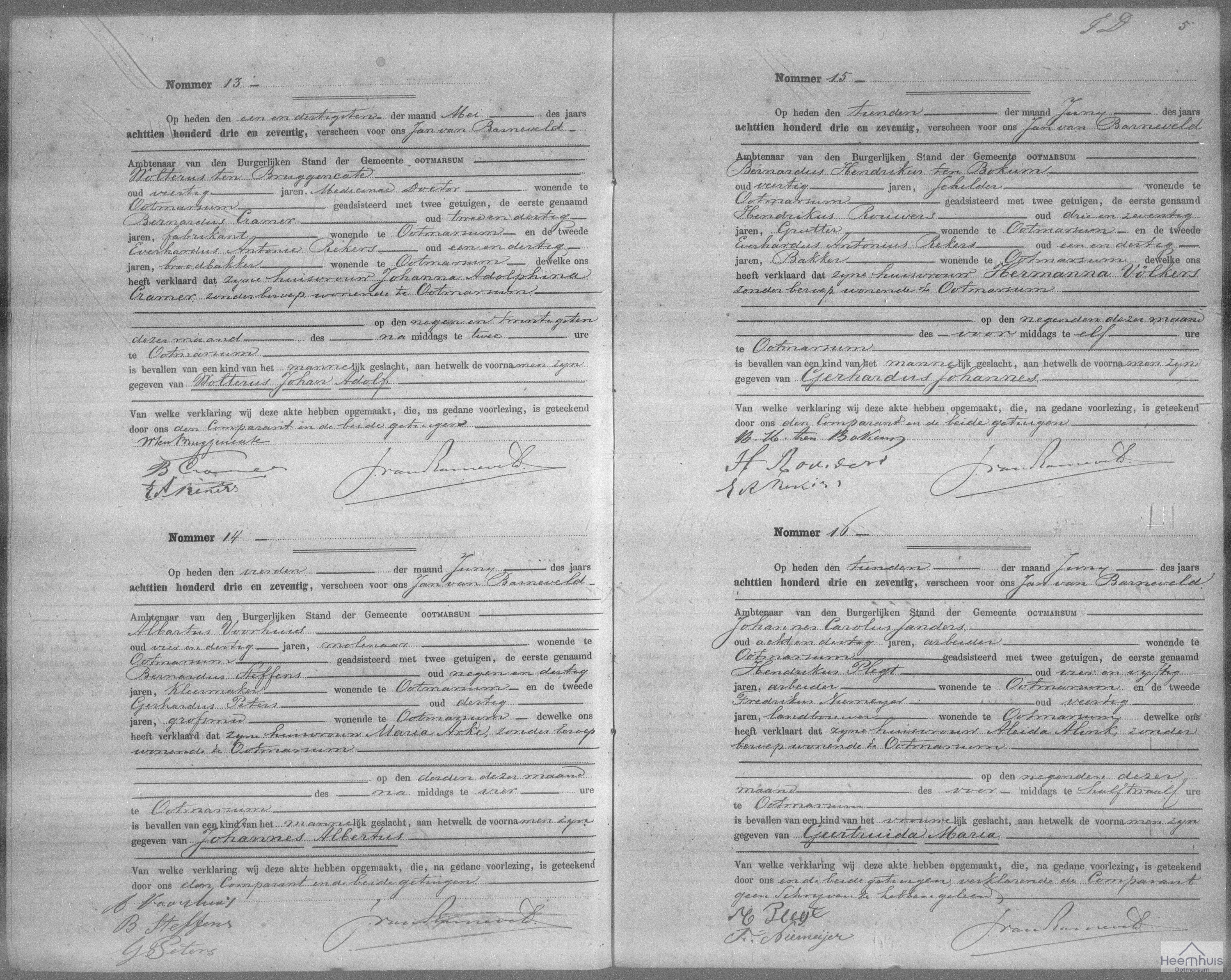 Geboorteakte van Gerhardus Johannes ten Bokum