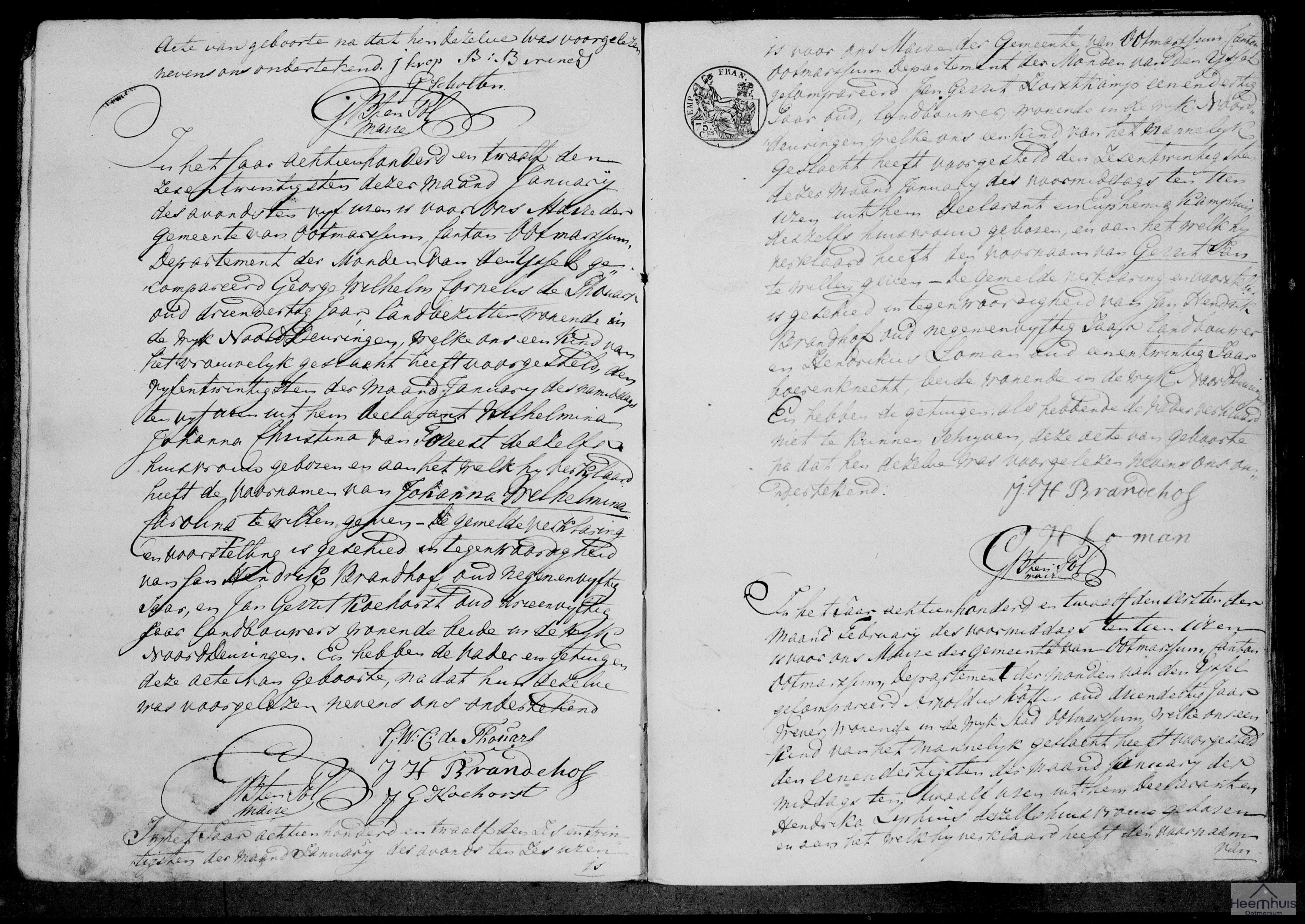 Geboorteakte van Johanna Wilhelmina Carolina de Thouars