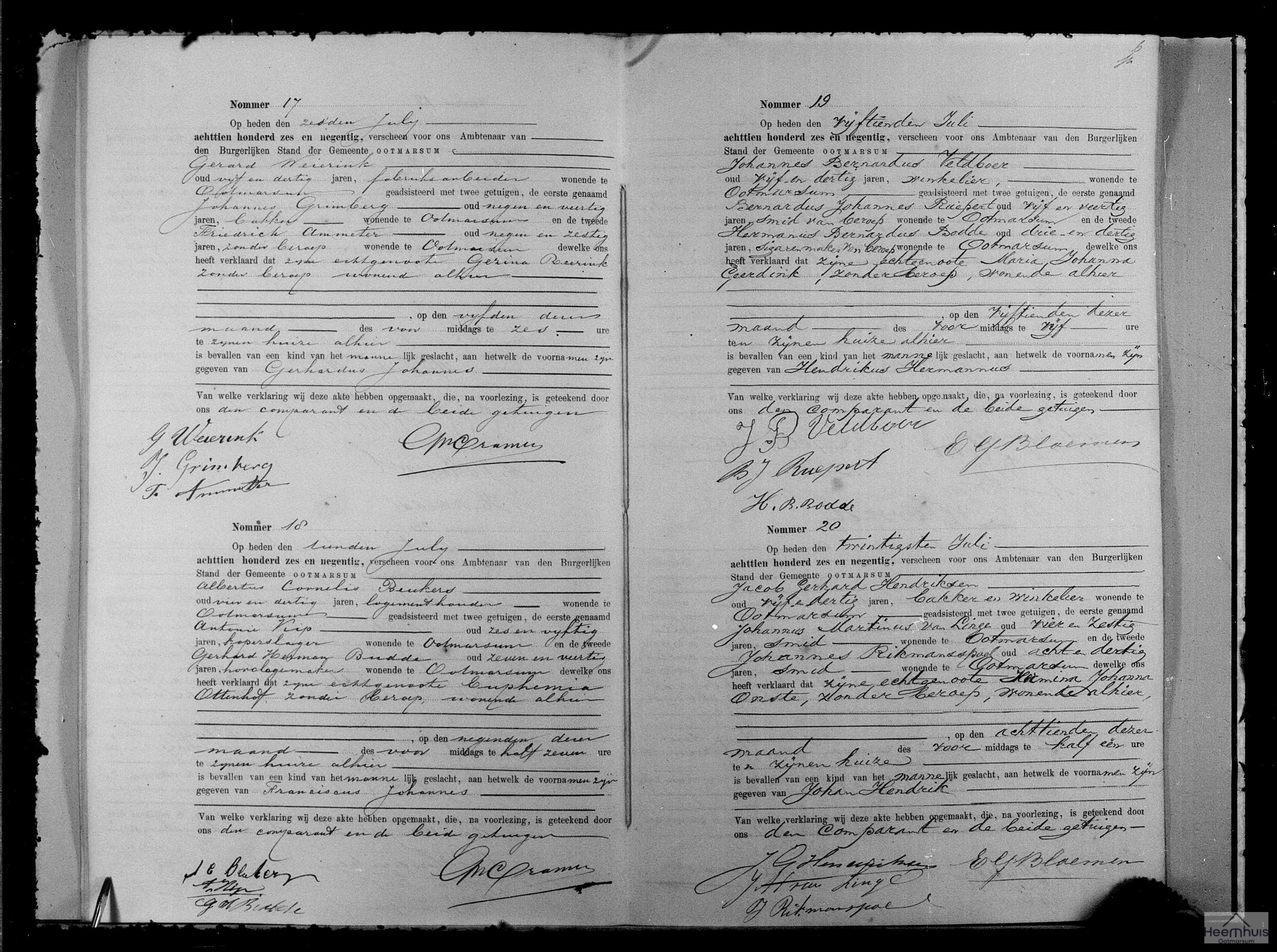 Geboorteakte van Hendrikus Hermannus Veldboer