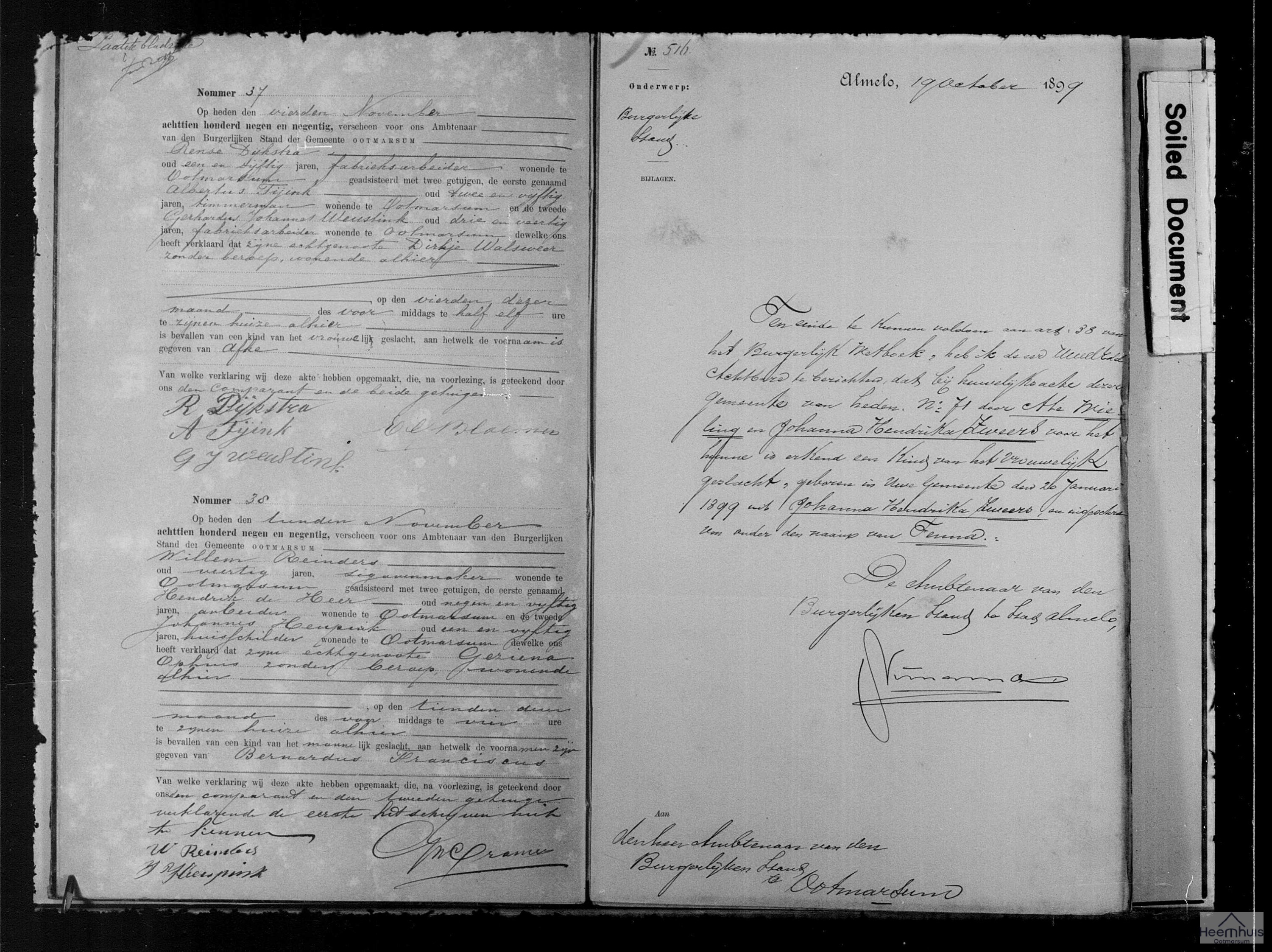 Geboorteakte van Bernardus Franciscus Reinders