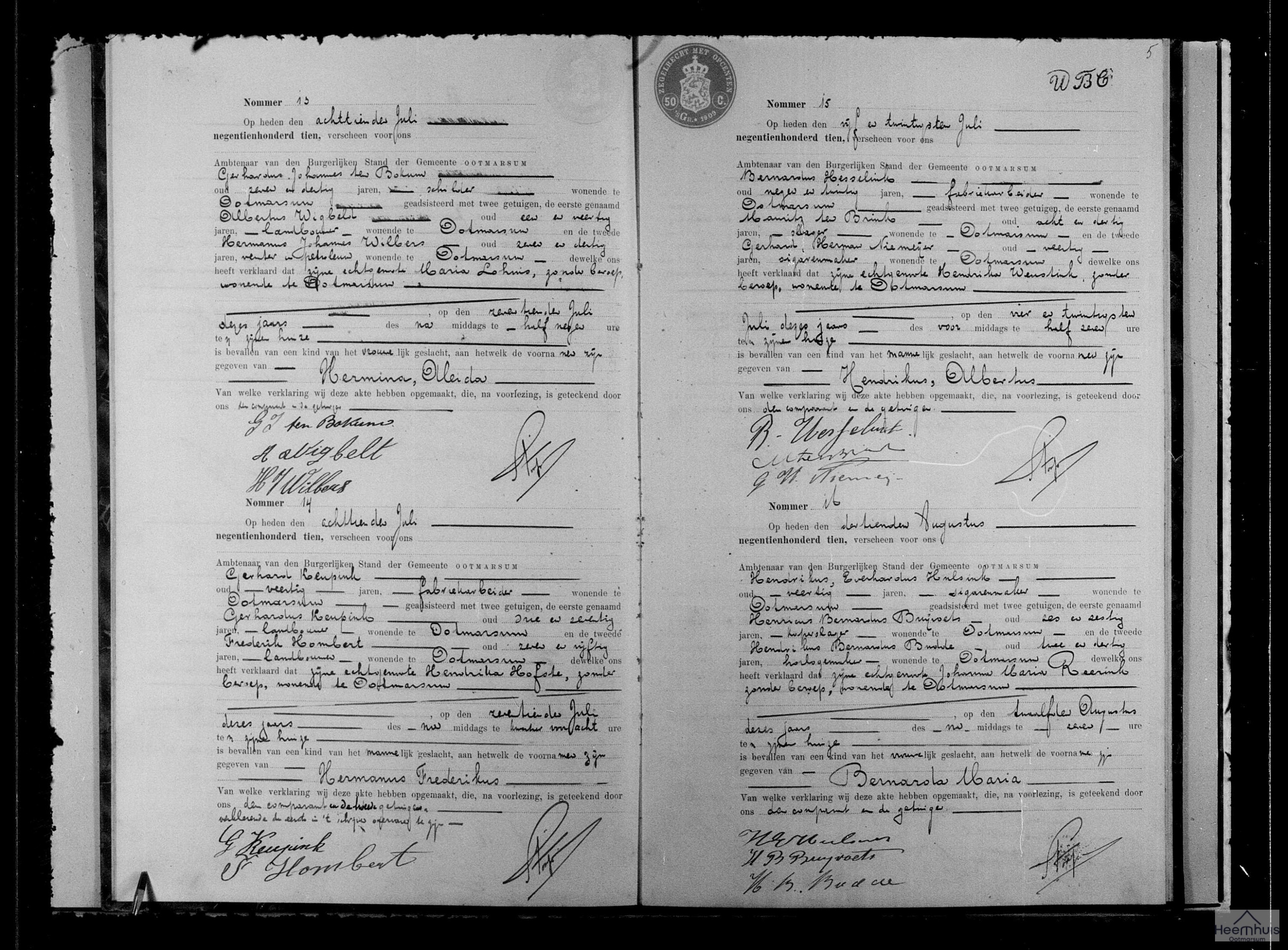 Geboorteakte van Hermina Aleida ten Bokum Geboorteakte van Hermina Aleida ten Bokum