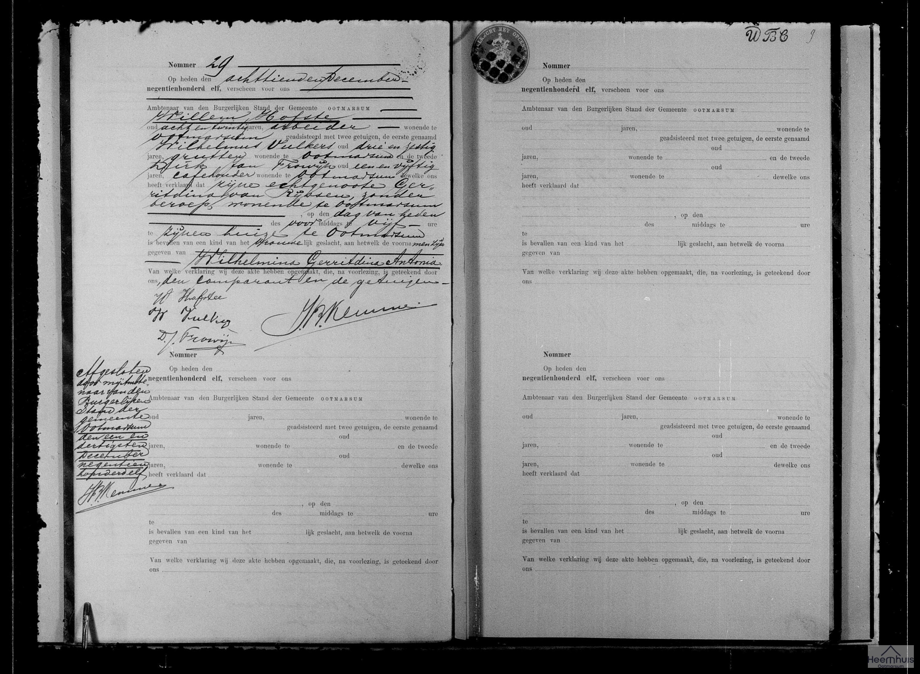 Geboorteakte van Wilhelmina Gerritdina Antonia Hofste