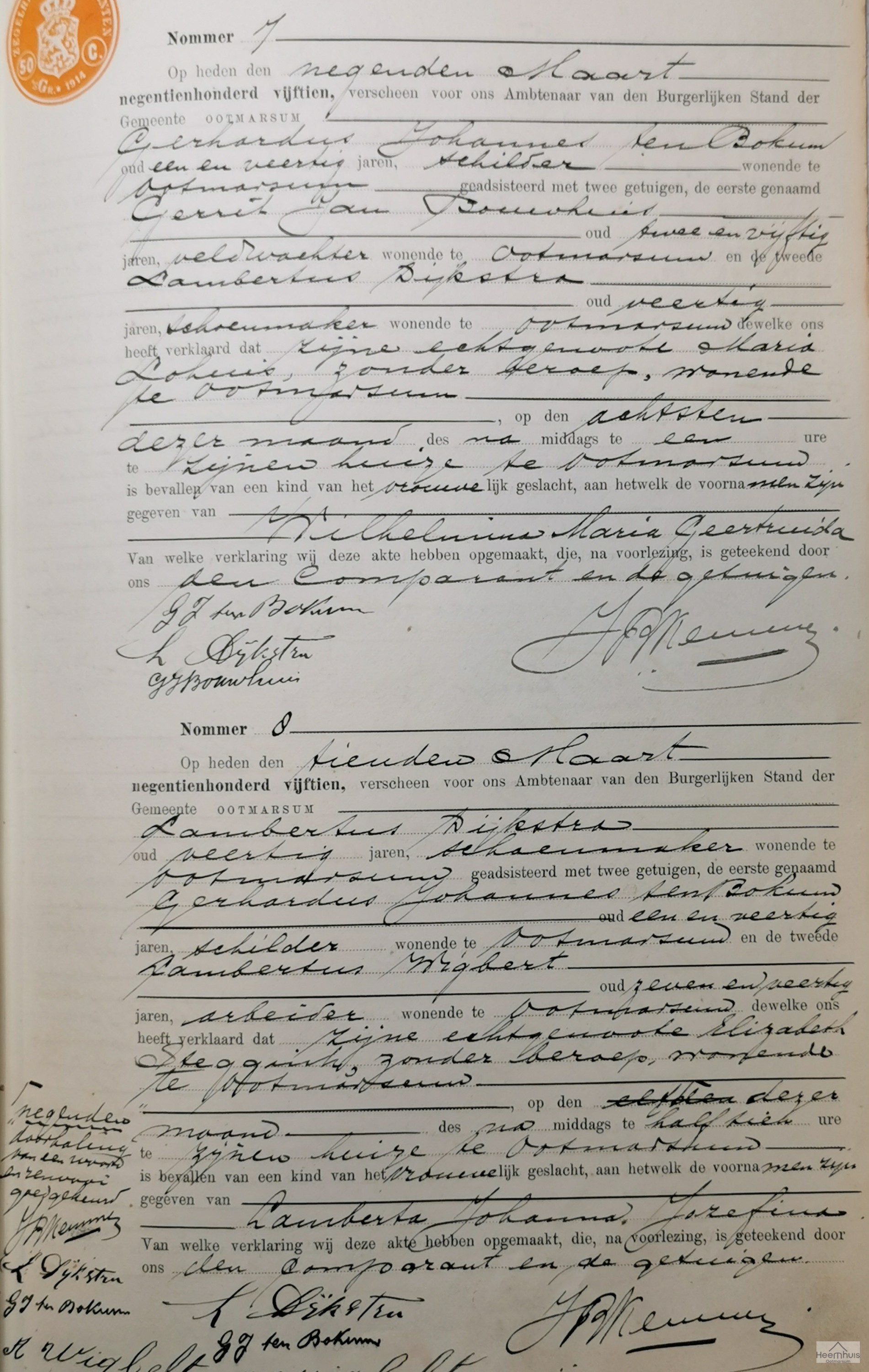 Geboorteakte van Wilhelmina Maria Geertruida ten Bokum Geboorteakte van Wilhelmina Maria Geertruida ten Bokum