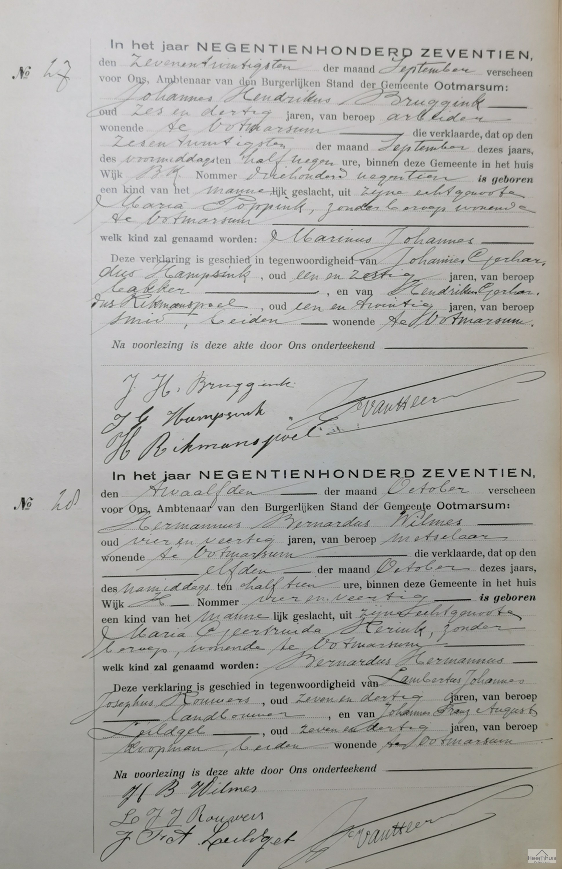Geboorteakte van Marinus Johannes Bruggink