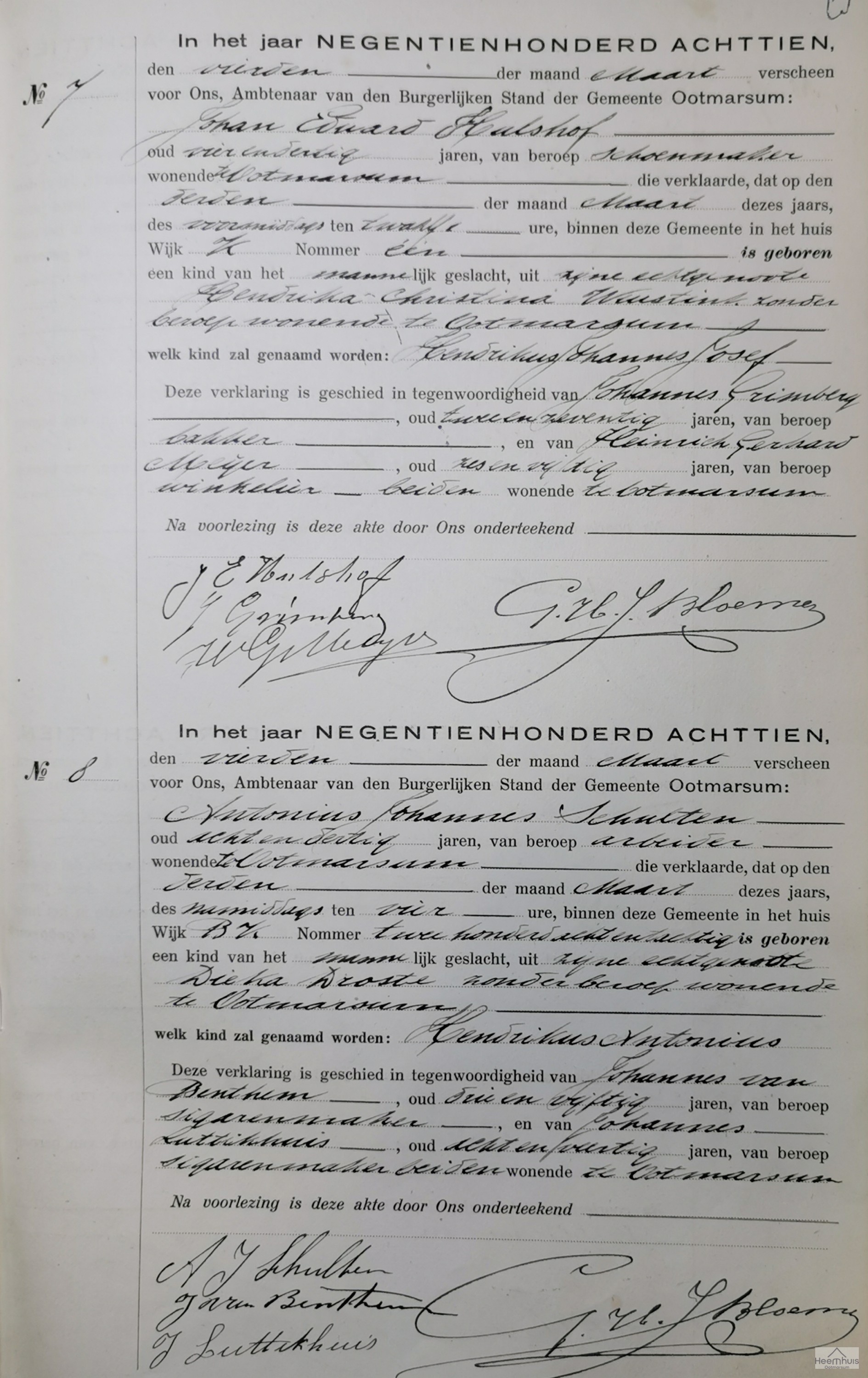 Geboorteakte van Hendrikus Antonius Schulten