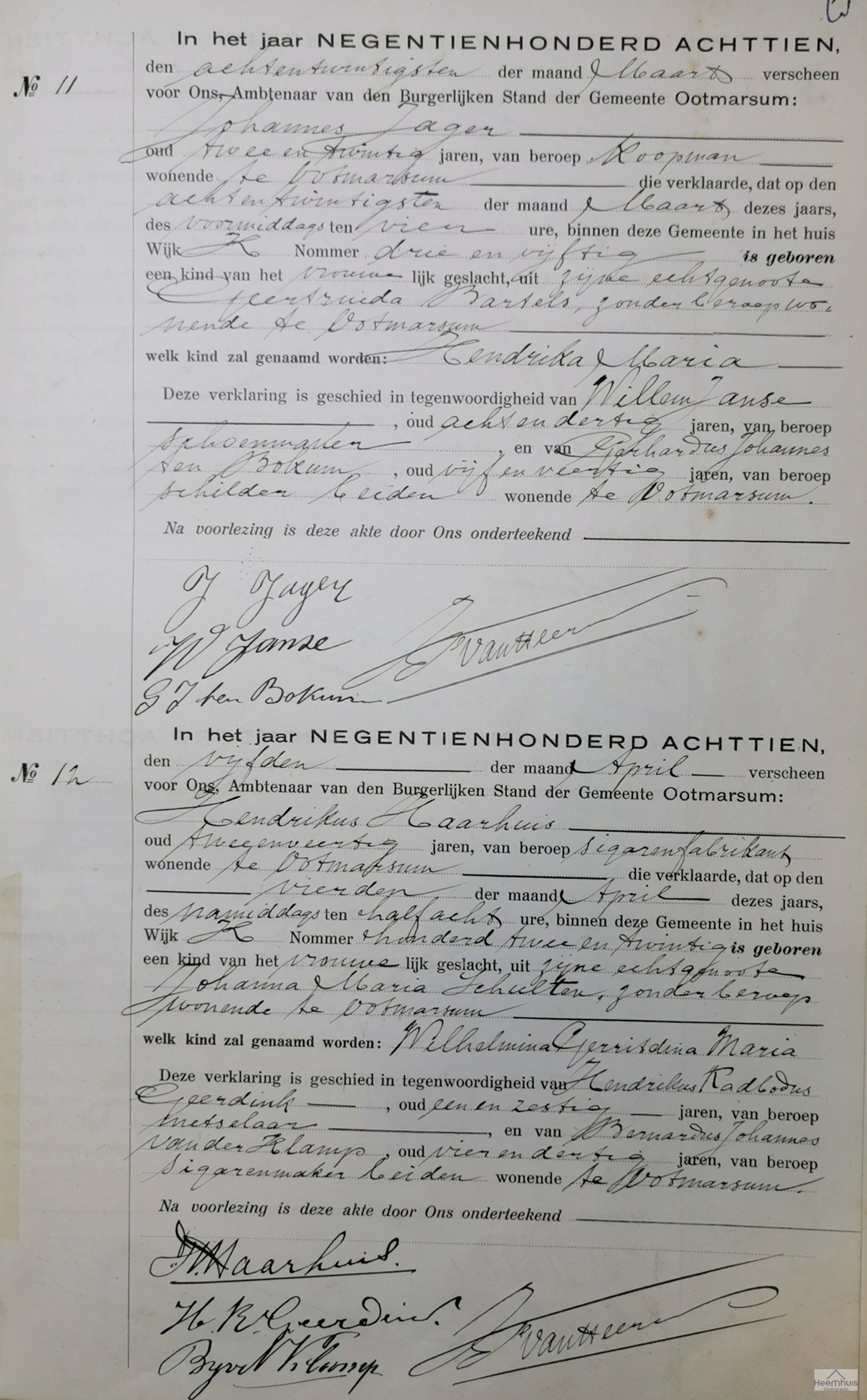 Geboorteakte van Wilhemina Gerritdina Maria Haarhuis
