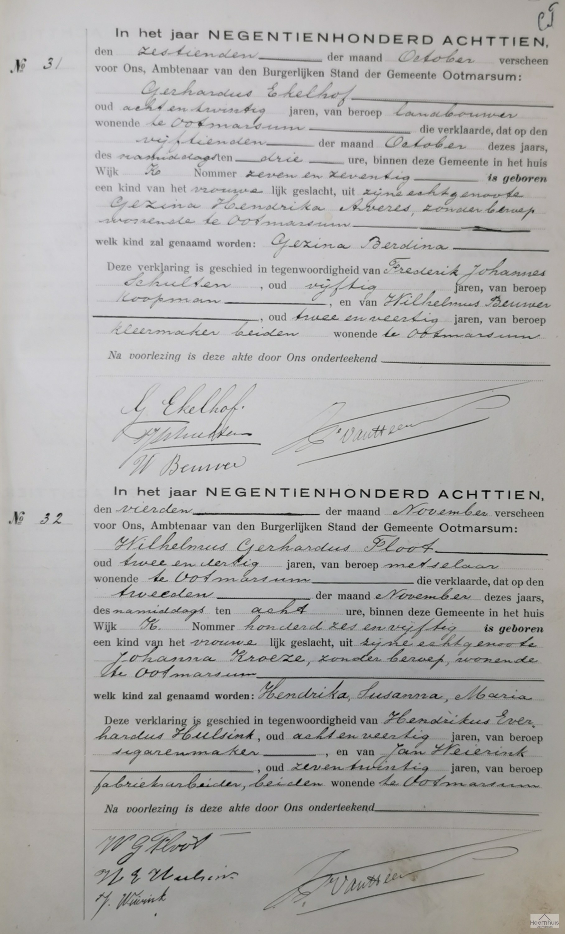 Geboorteakte van Gezina Berdina  Ekelhof