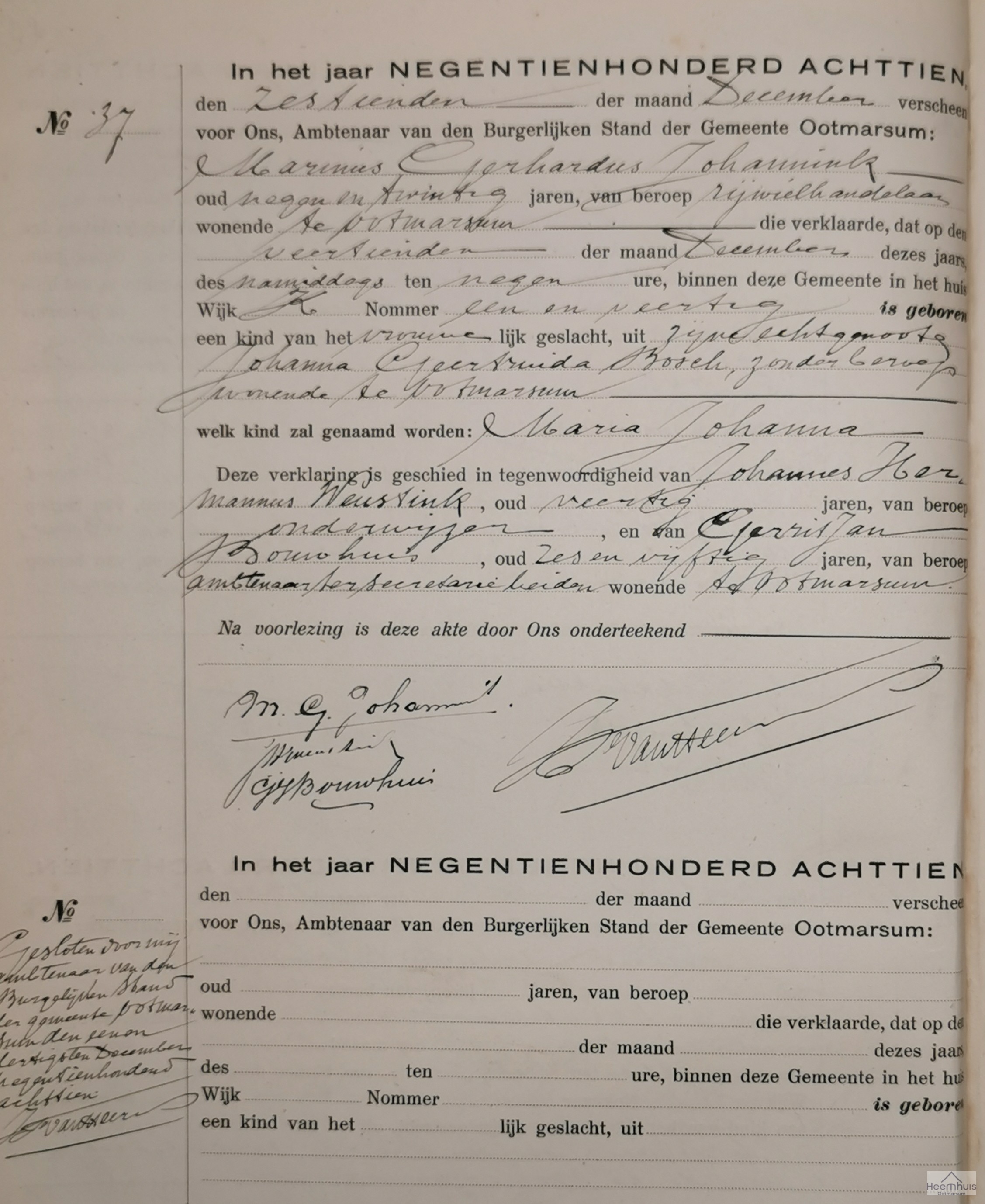 Geboorteakte van Maria Johanna Johannink