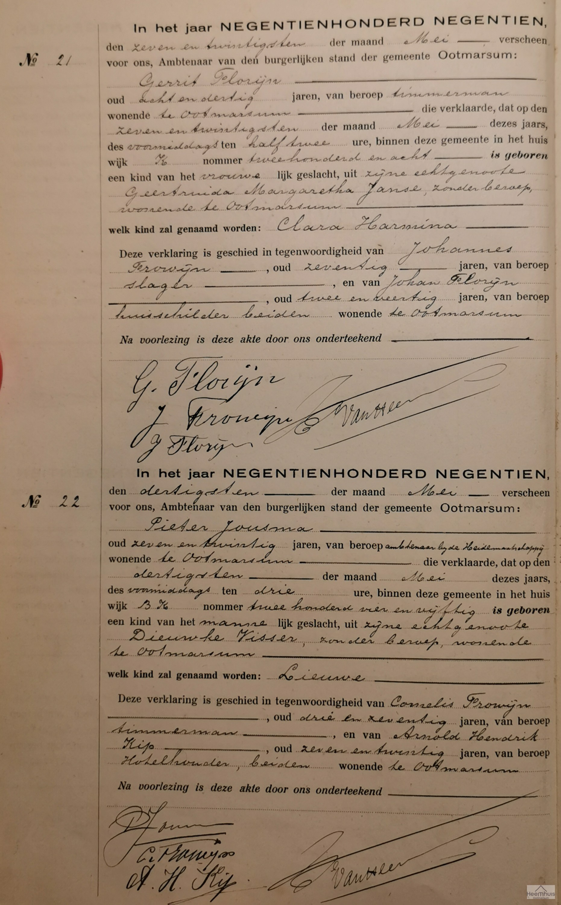 Geboorteakte van Clara Harmina  Florijn