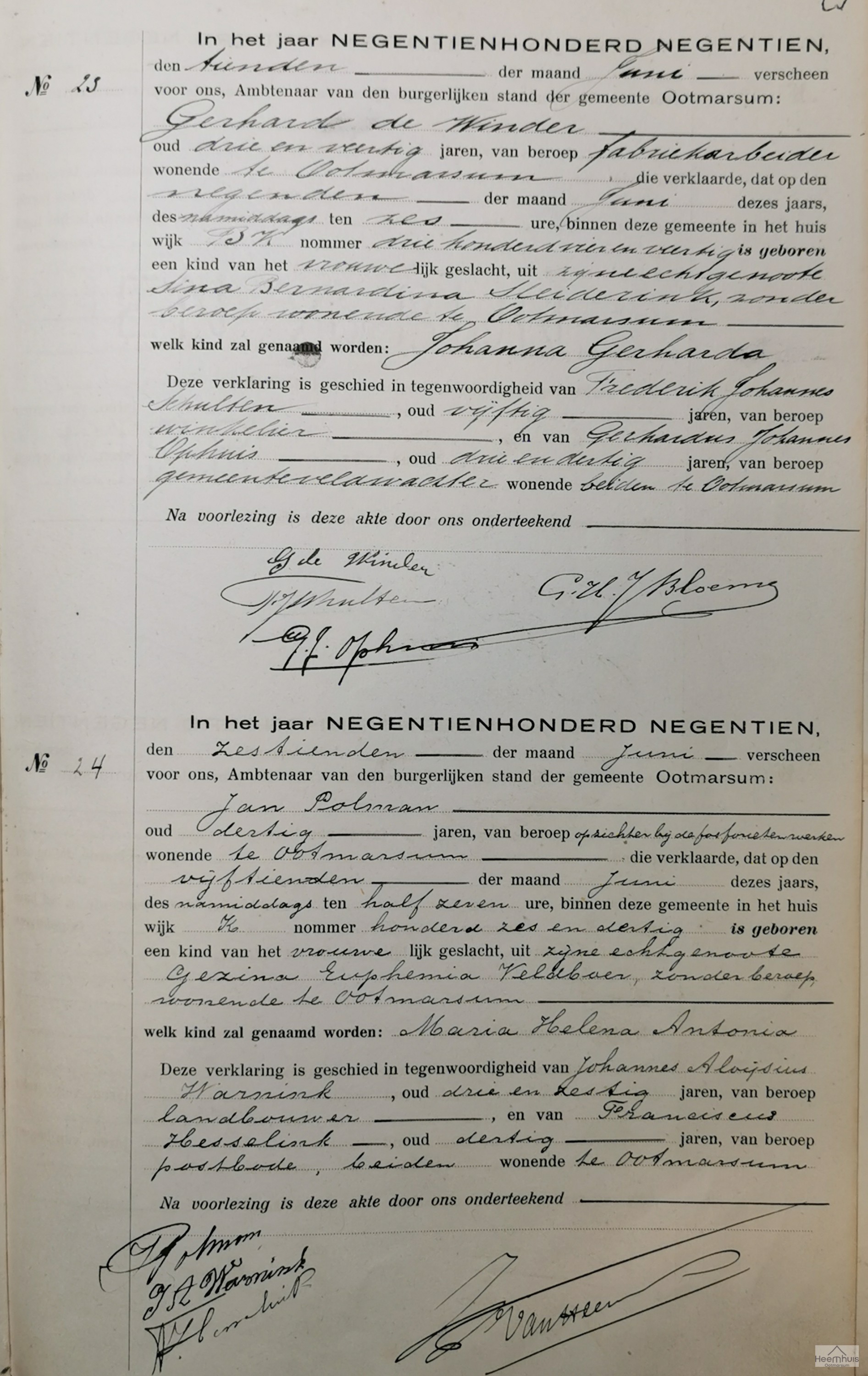 Geboorteakte van Johanna Gerharda de Winder