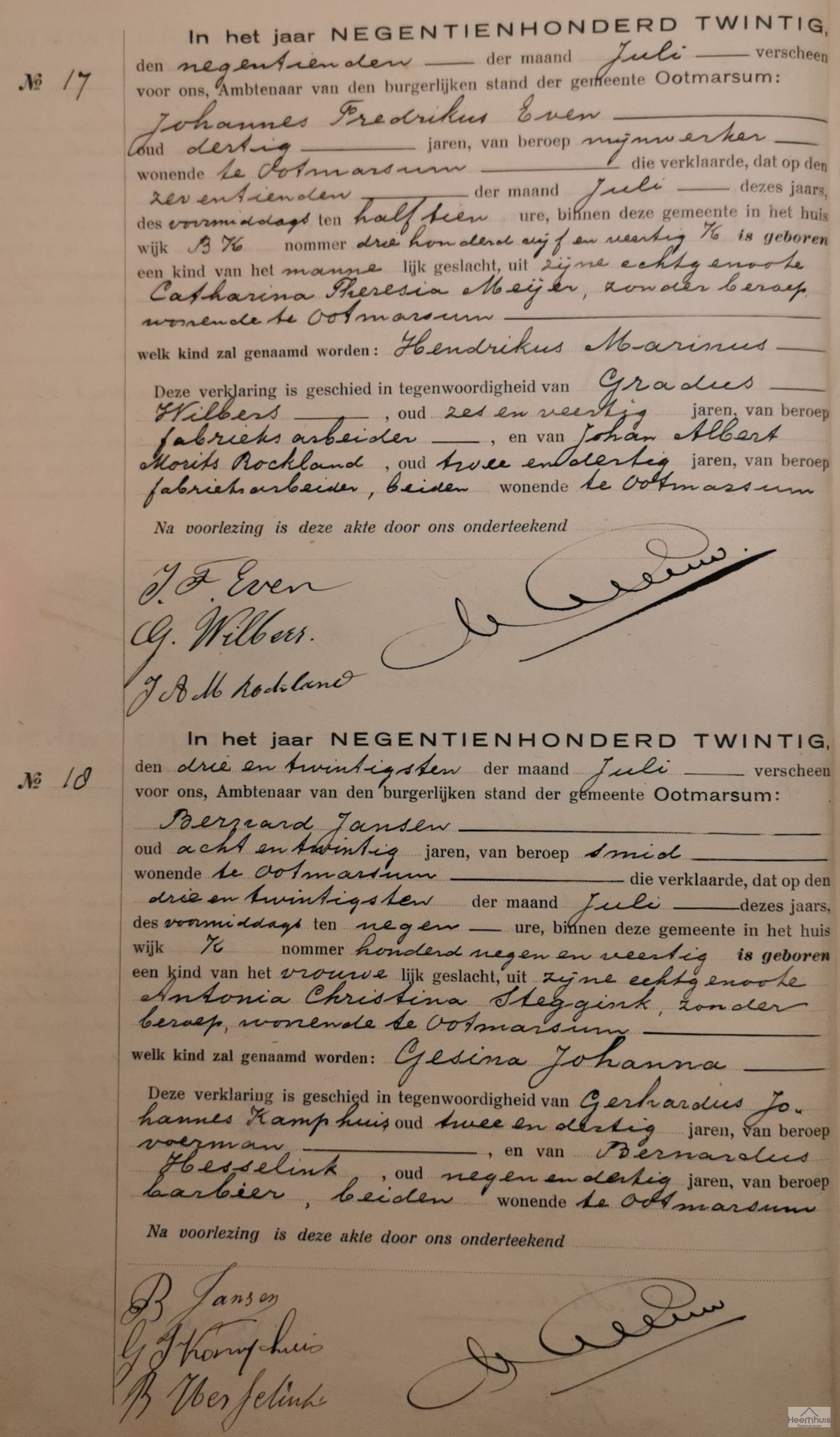 Geboorteakte van Hendrikus Marinus Even