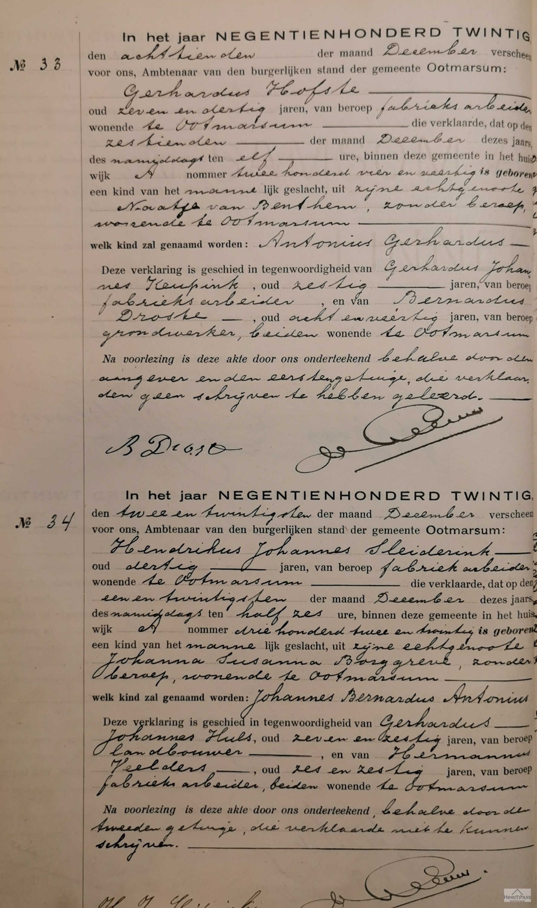 Geboorteakte van Johannes Bernardus Antonius Sleiderink