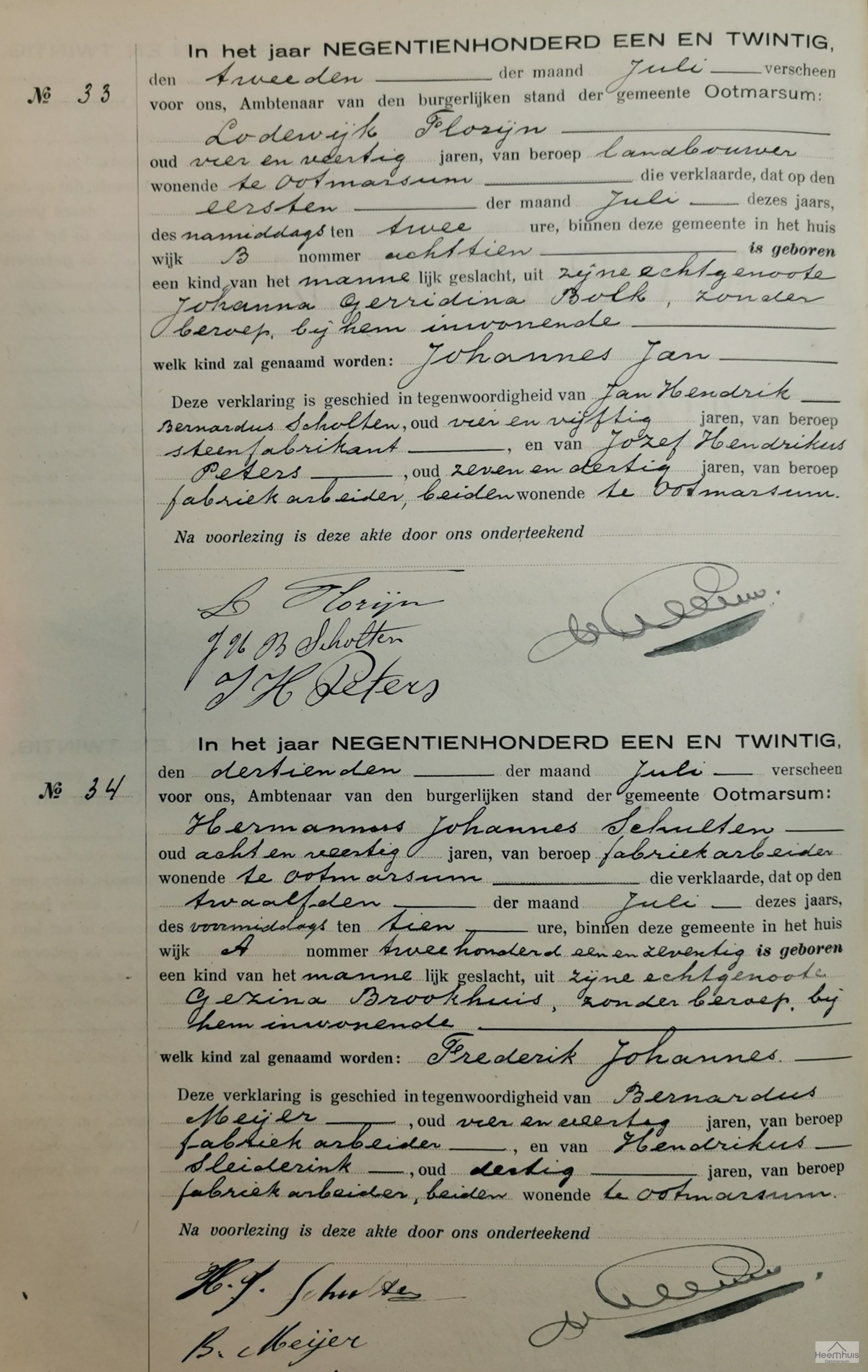 Geboorteakte van Frederik Johannes Schulten