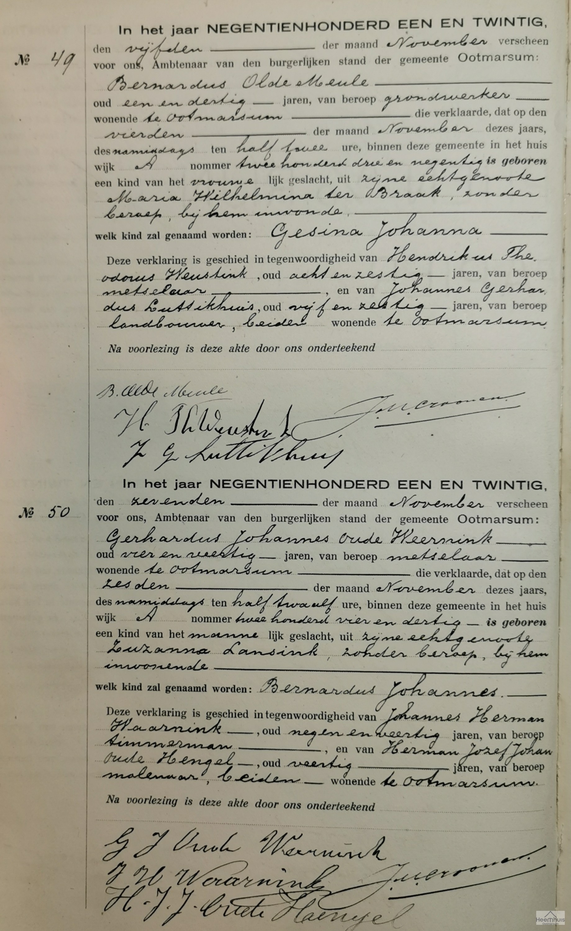 Geboorteakte van Bernardus Johannes Oude Weernink