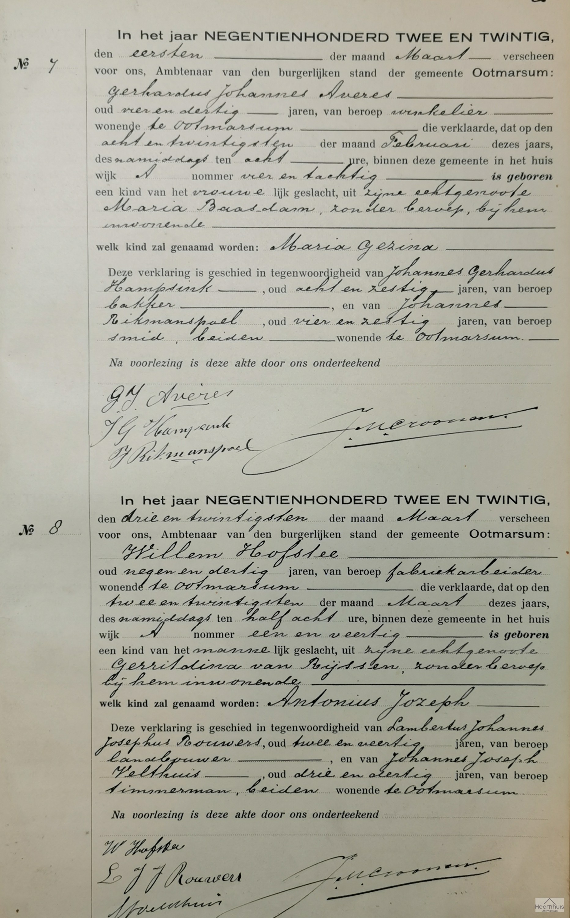 Geboorteakte van Antonius Jozeph Hofstee