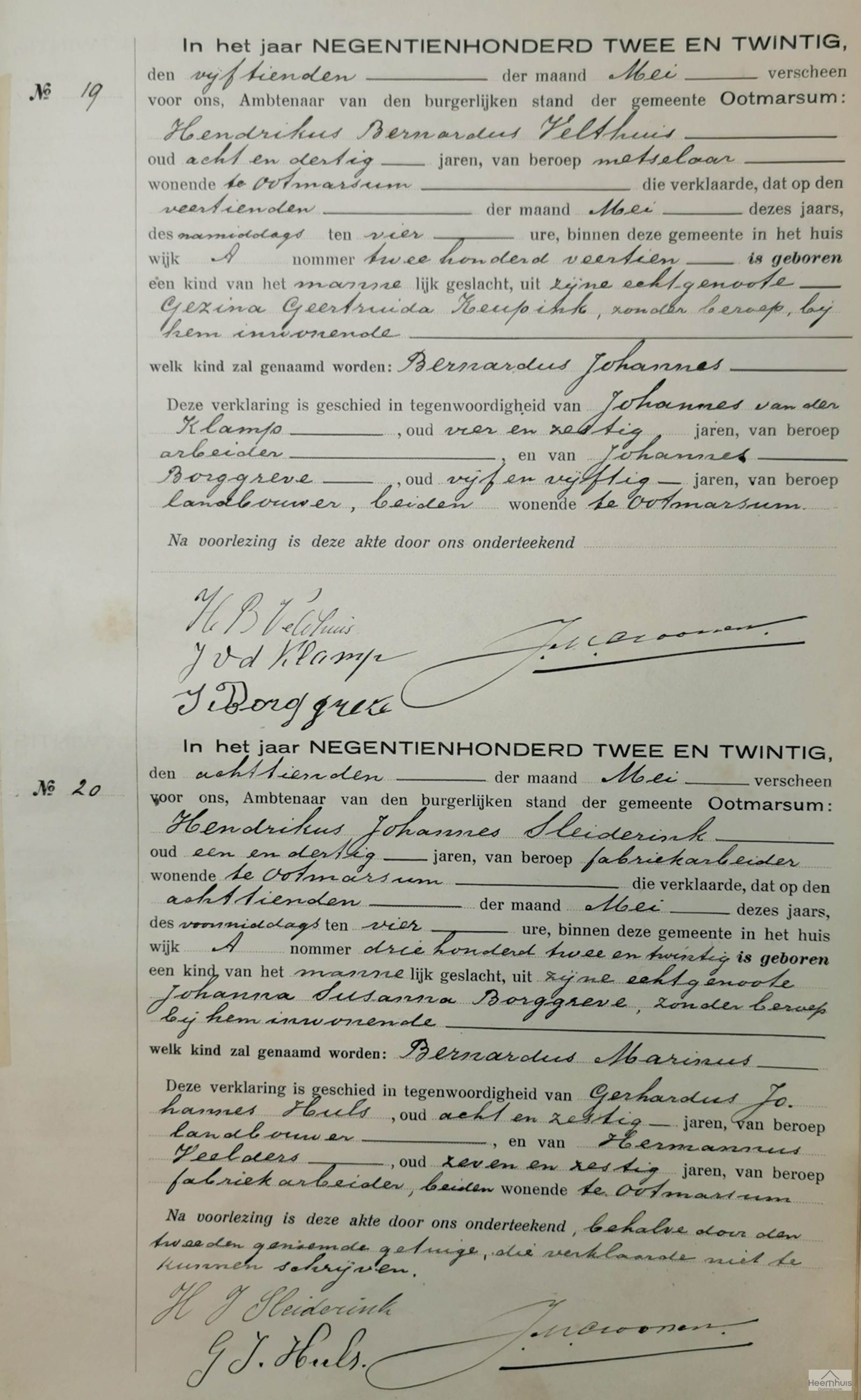 Geboorteakte van Bernardus Johannes Velthuis