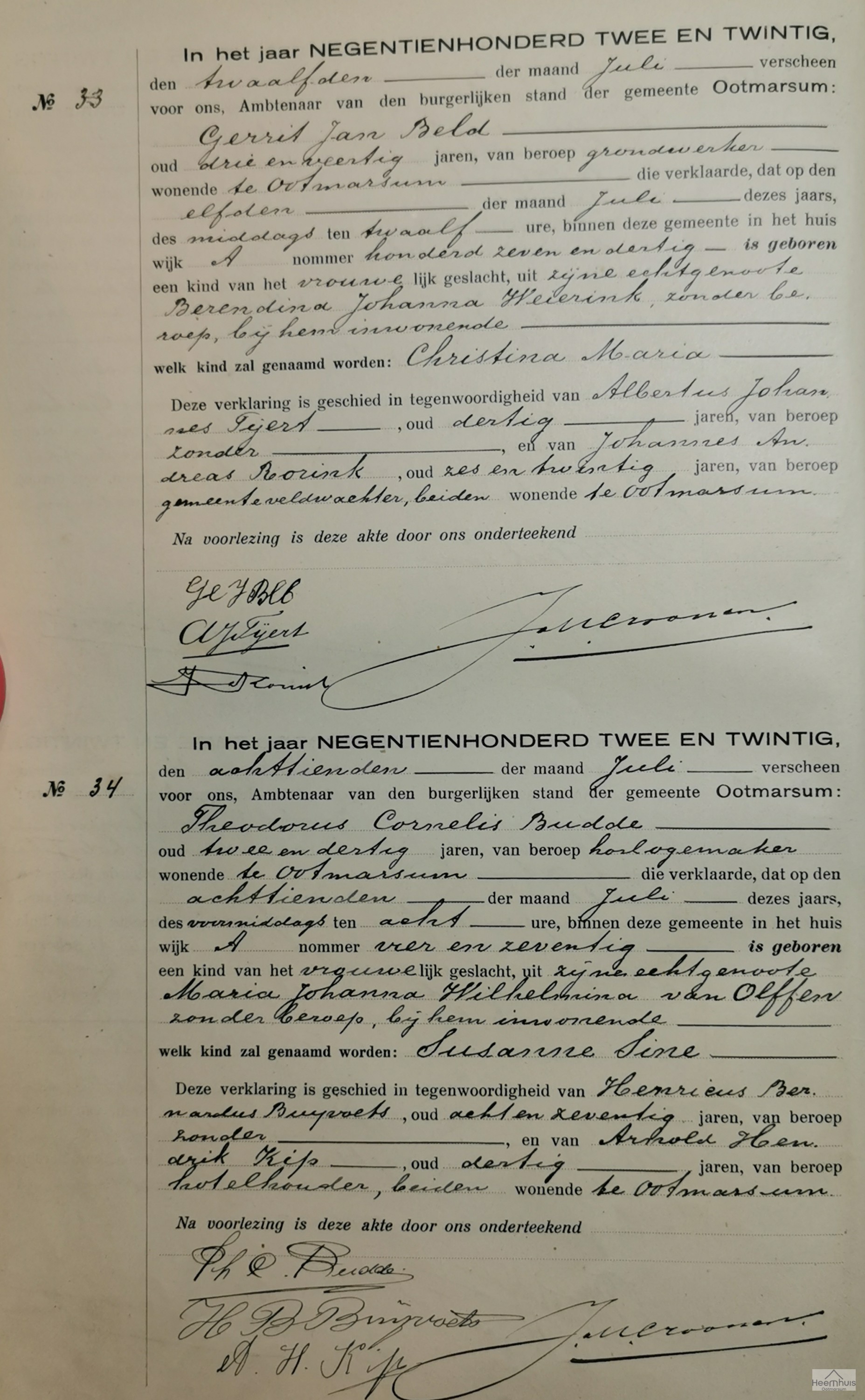 Geboorteakte van Susanna Tine Budde