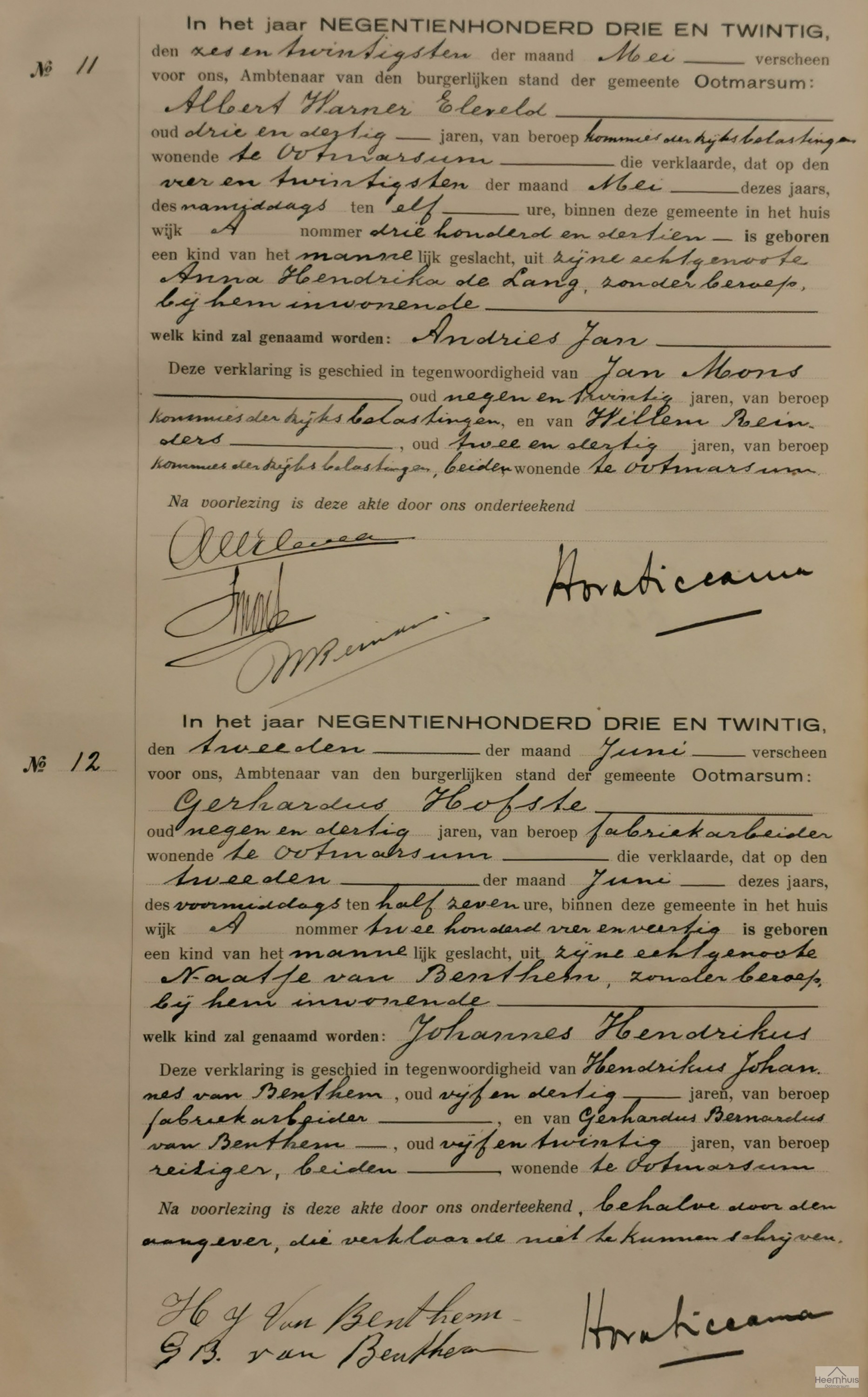 Geboorteakte van Johannes Hendrikus Hofste