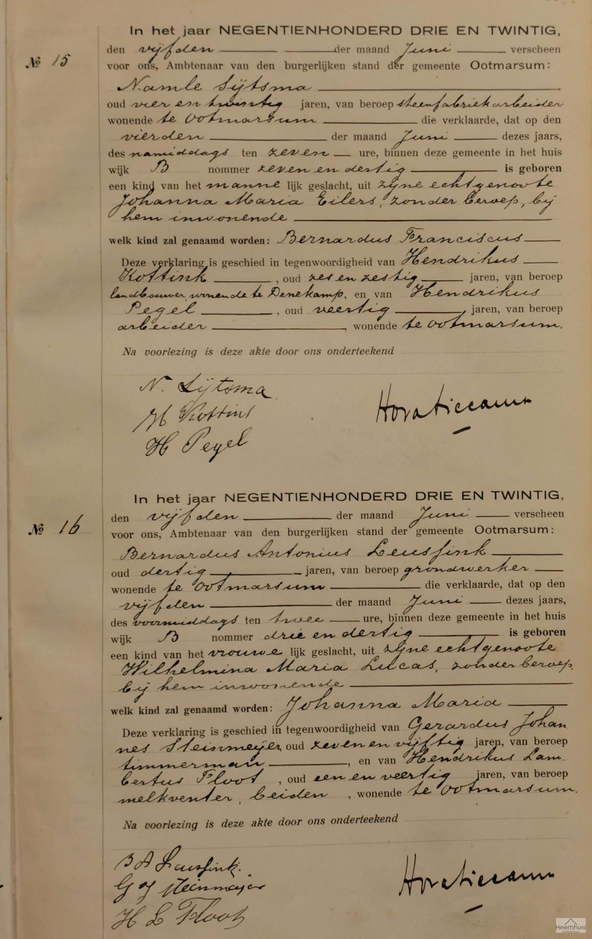 Geboorteakte van Bernardus Franciscus  Sijtsma