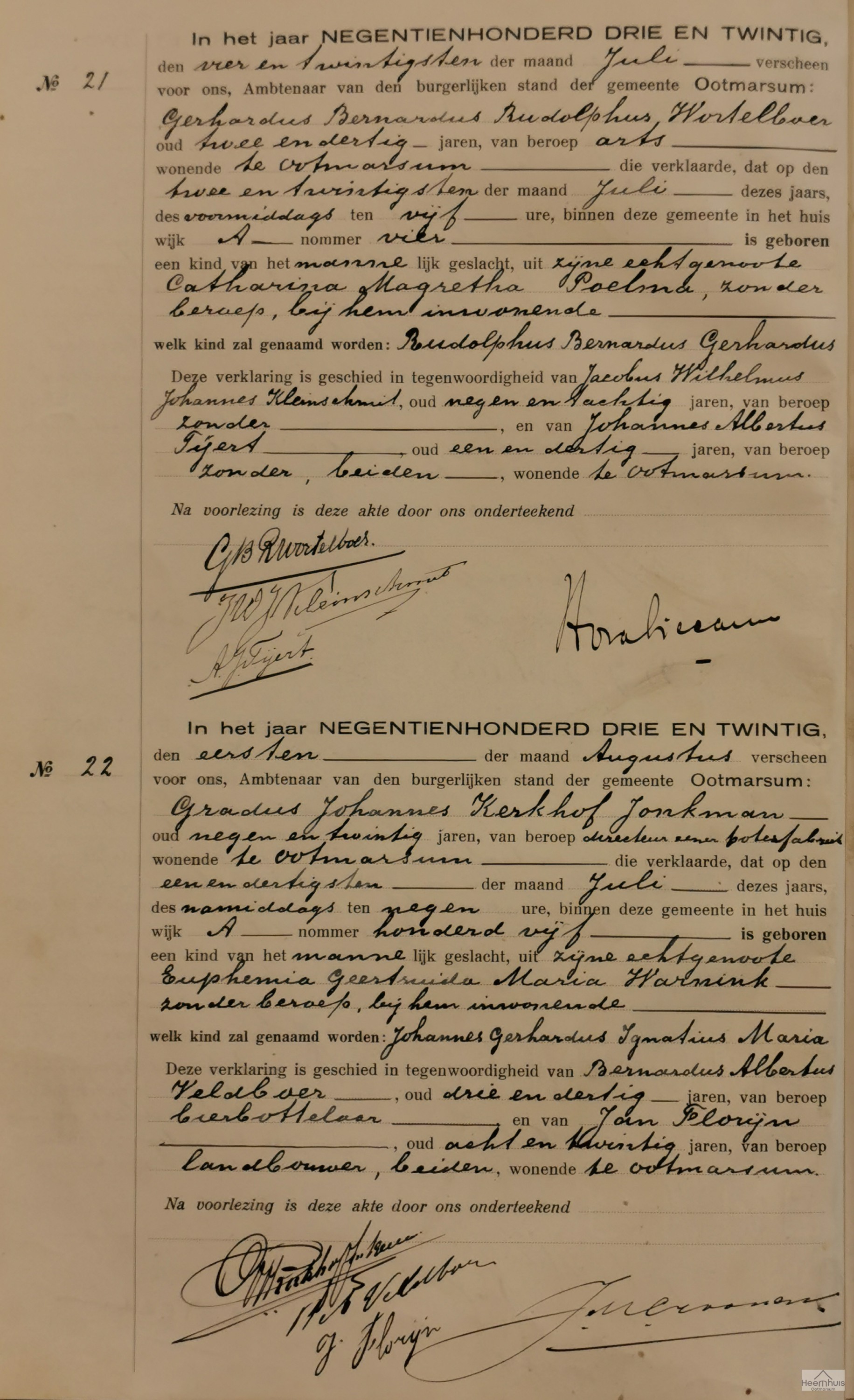 Geboorteakte van Johannes Gerhardus Ignatius Maria Kerkhof Jonkman