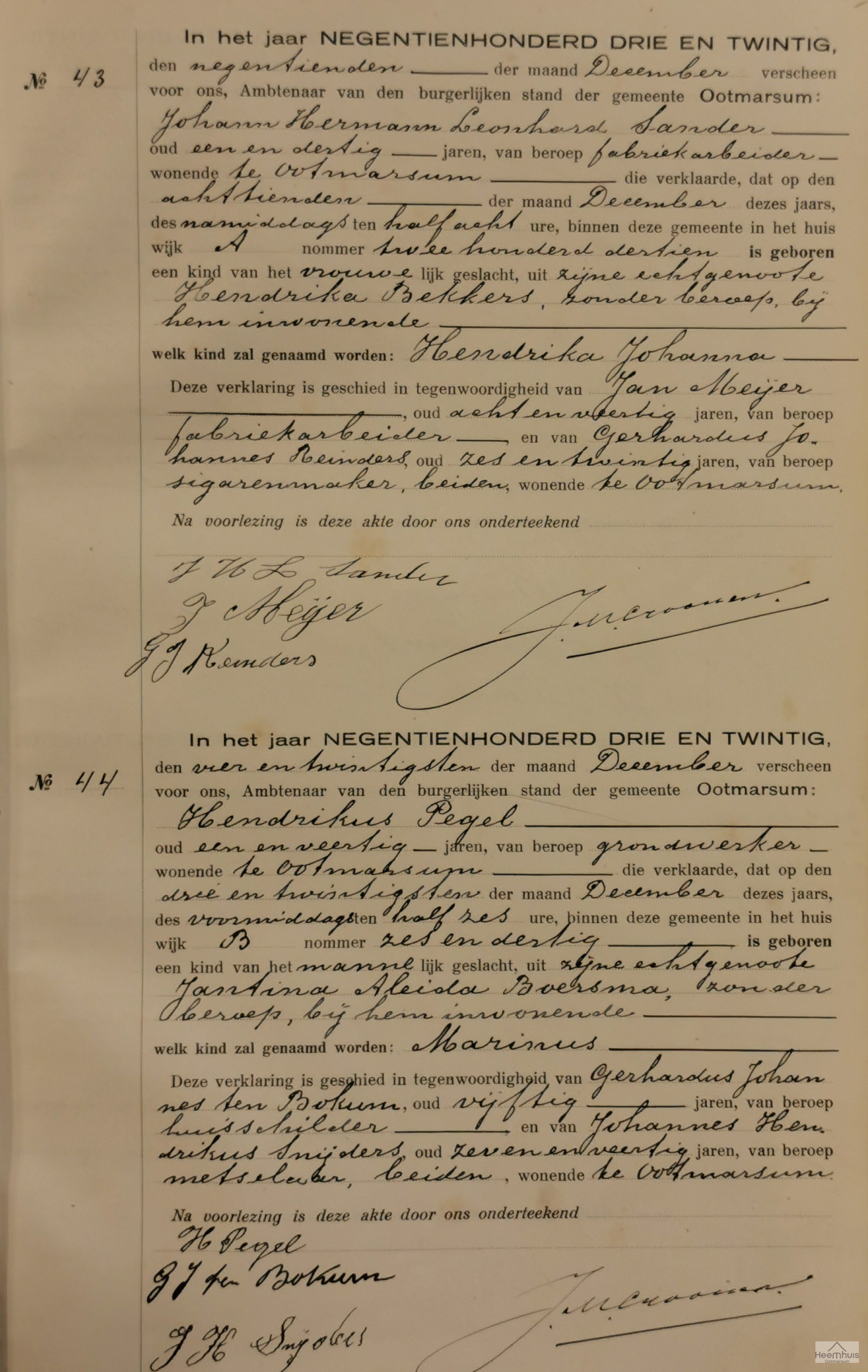 Geboorteakte van Marinus Pegel