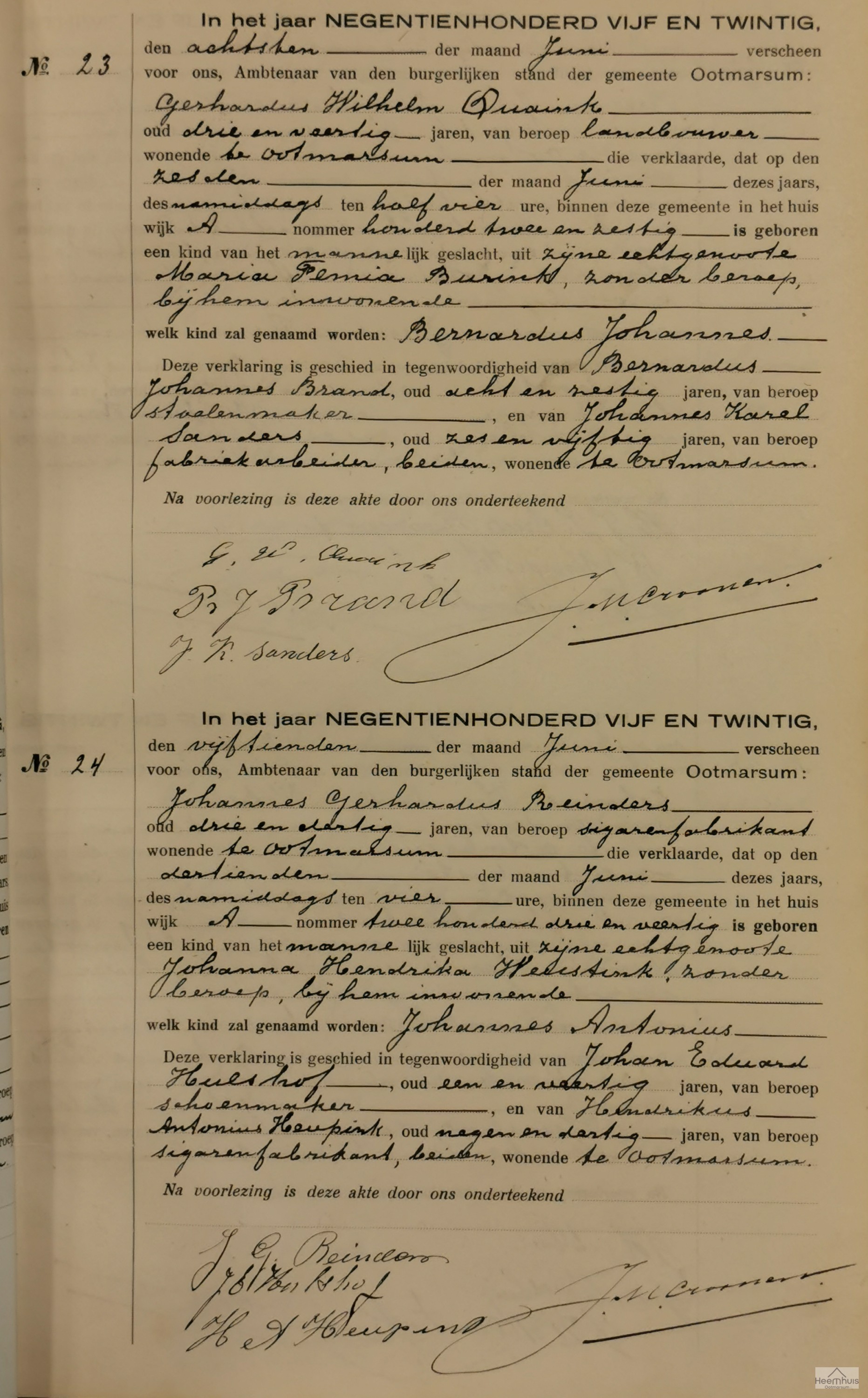 Geboorteakte van Johannes Antonius Reinders