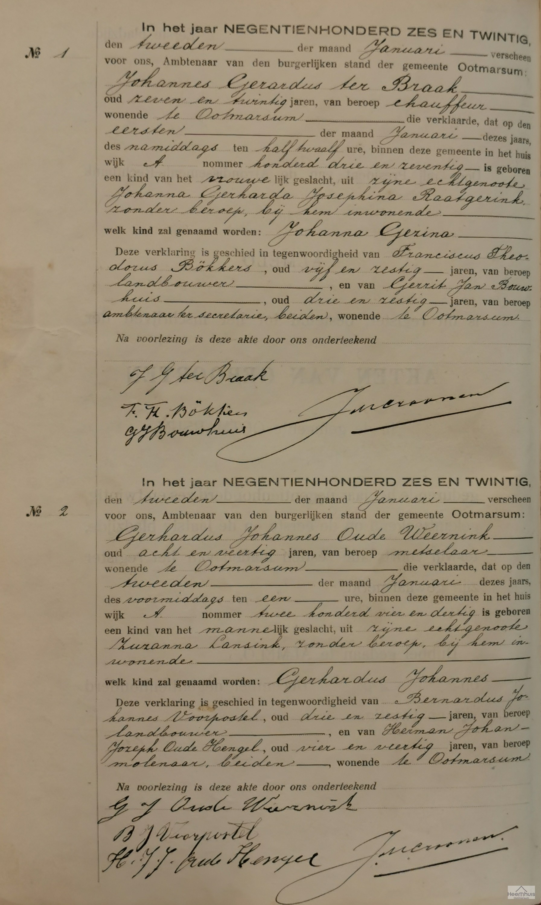 Geboorteakte van Gerhardus Johannes Oude Weernink