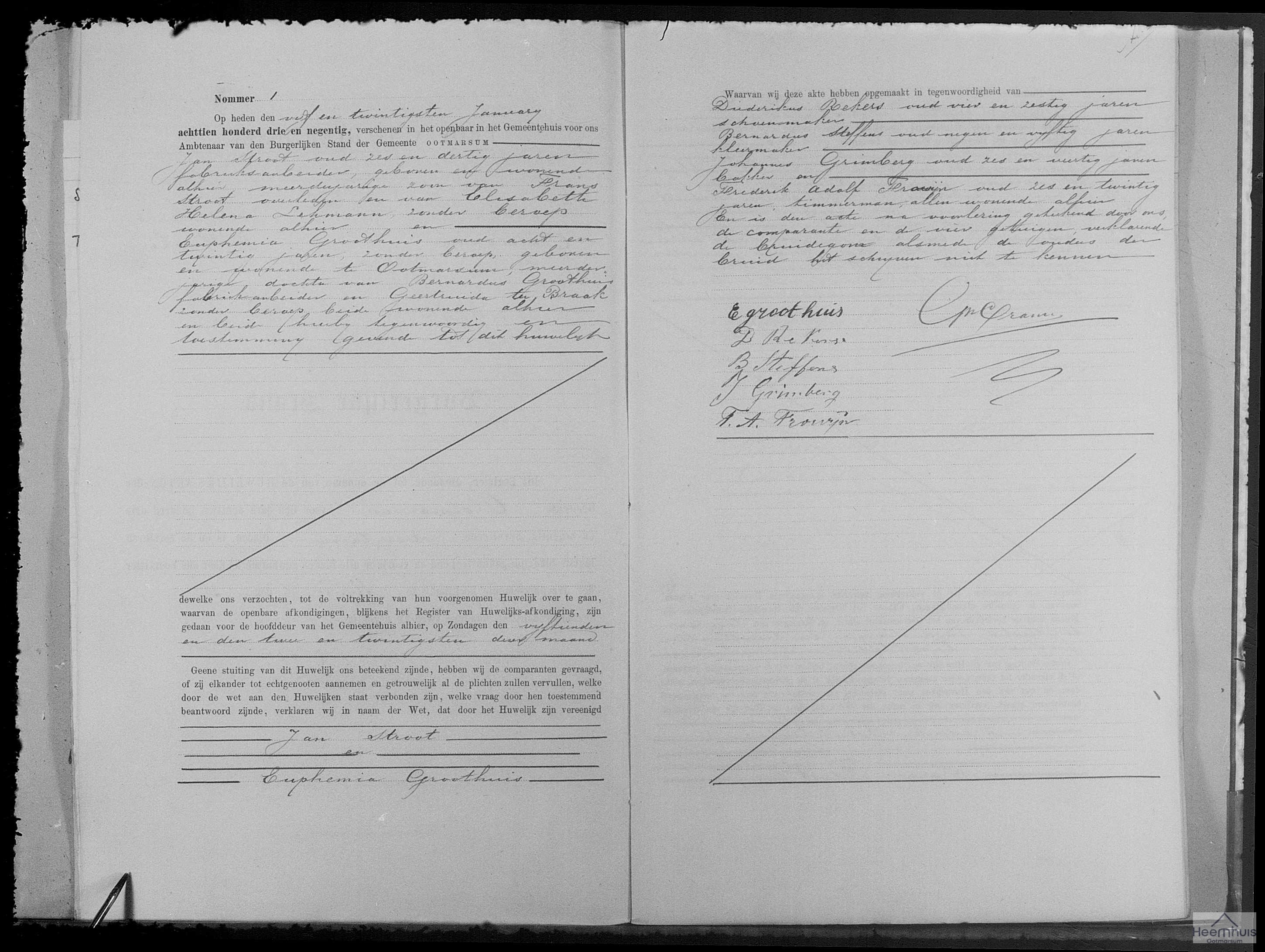 Huwelijksakte van Jan Stroot en Euphemia Groothuis Huwelijksakte van Jan Stroot en Euphemia Groothuis