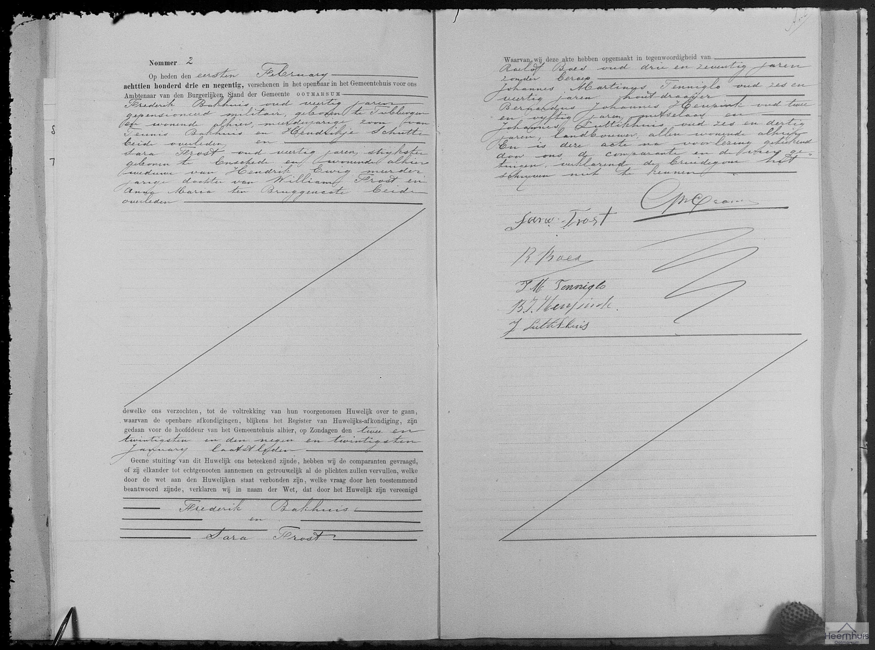 Huwelijksakte van Frederik Bakhuis en Sara Frost