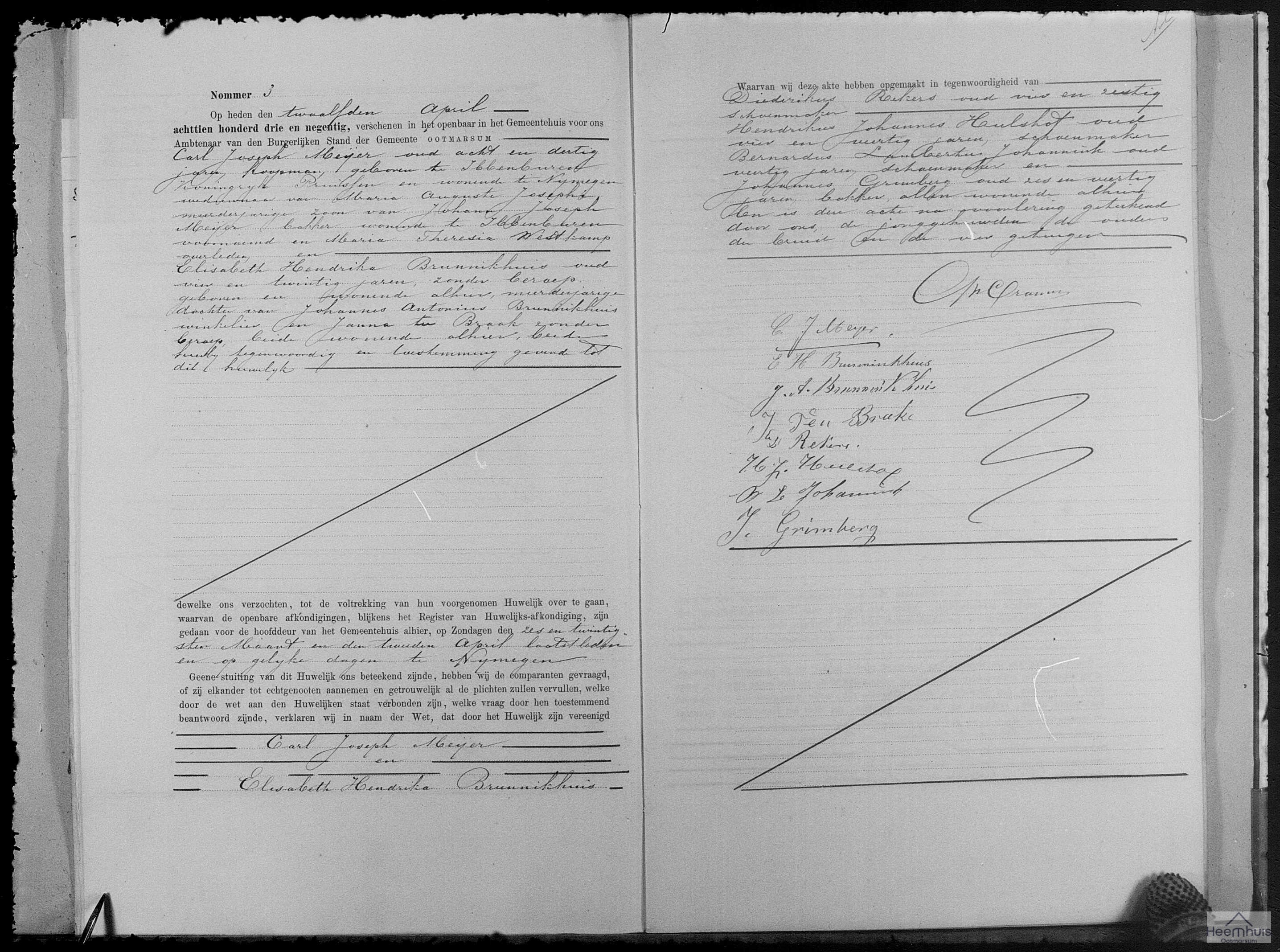 Huwelijksakte van Carl Joseph Meijer en Elisabeth Hendrika Brunnikhuis