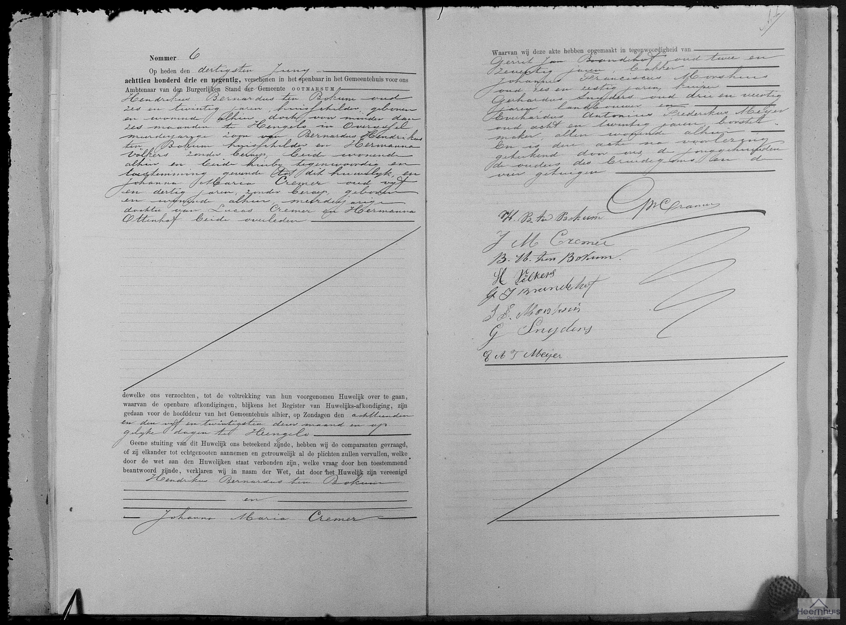 Huwelijksakte van Hendrikus Bernardus ten Bokum en Johanna Maria Cremer