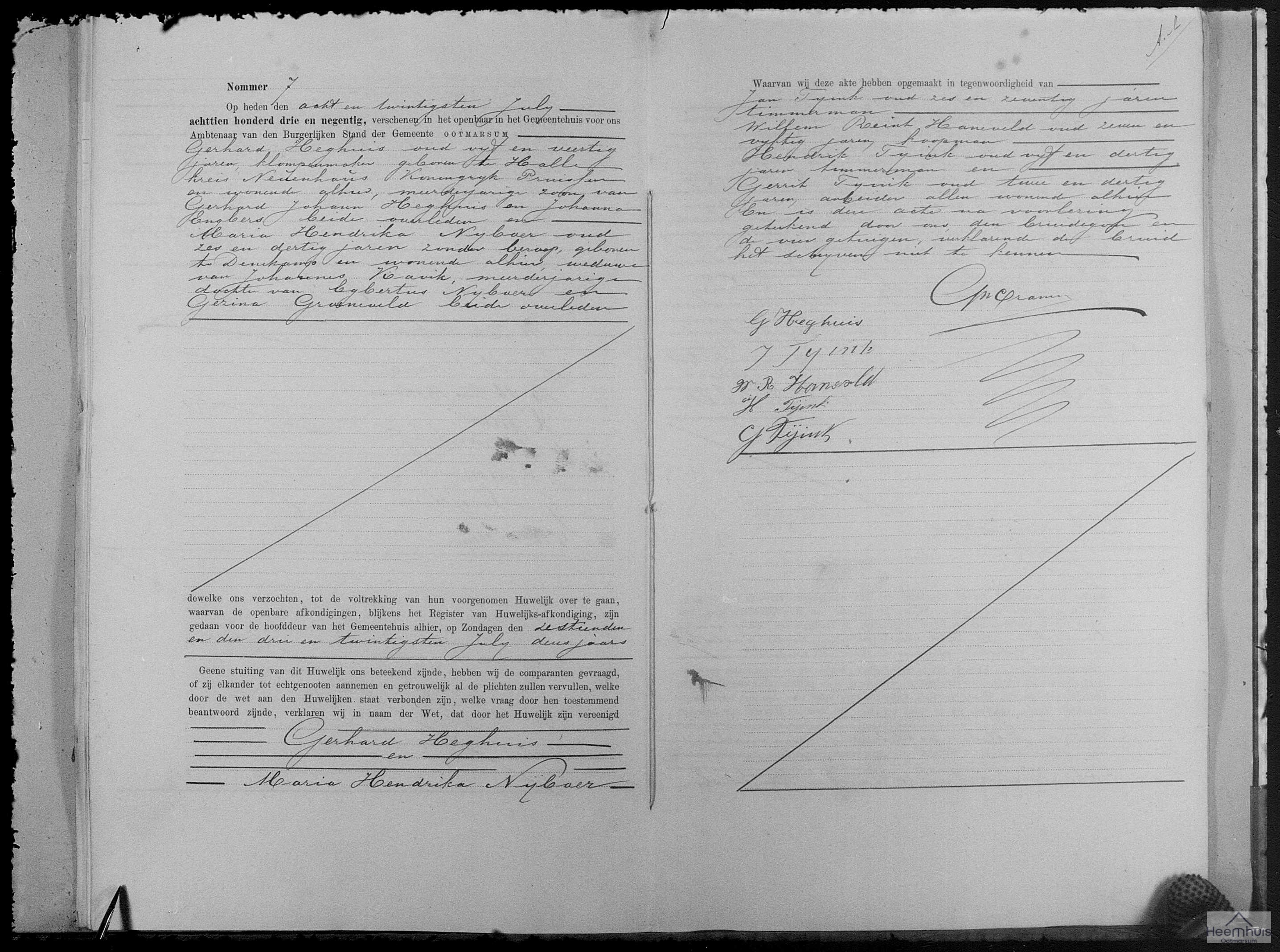Huwelijksakte van Gerhard Heghuis en Maria Hendrika Nijboer