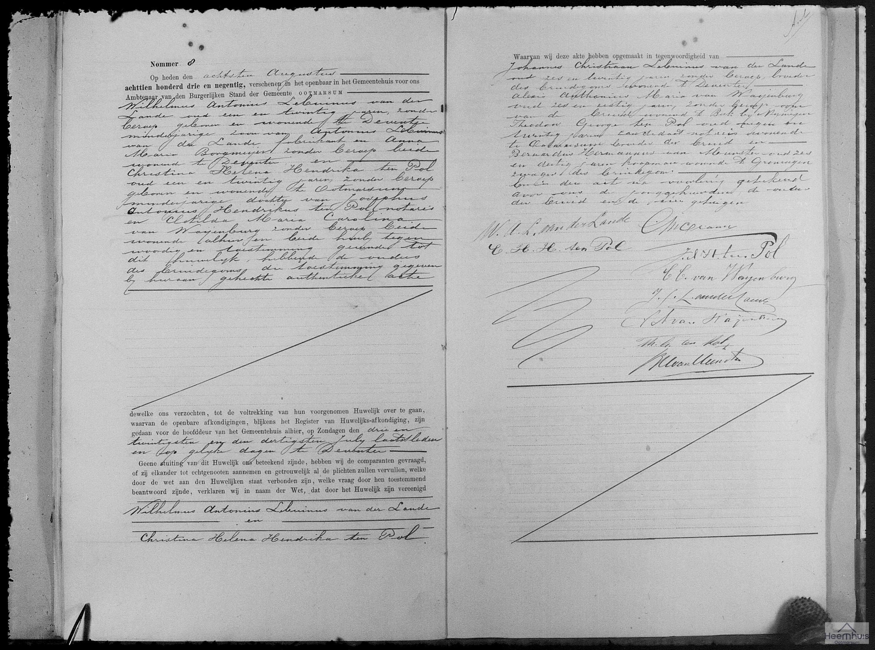 Huwelijksakte van Wilhelmus Antonius Lebuinus van der Lande en Christina Helena Hendrika ten Pol