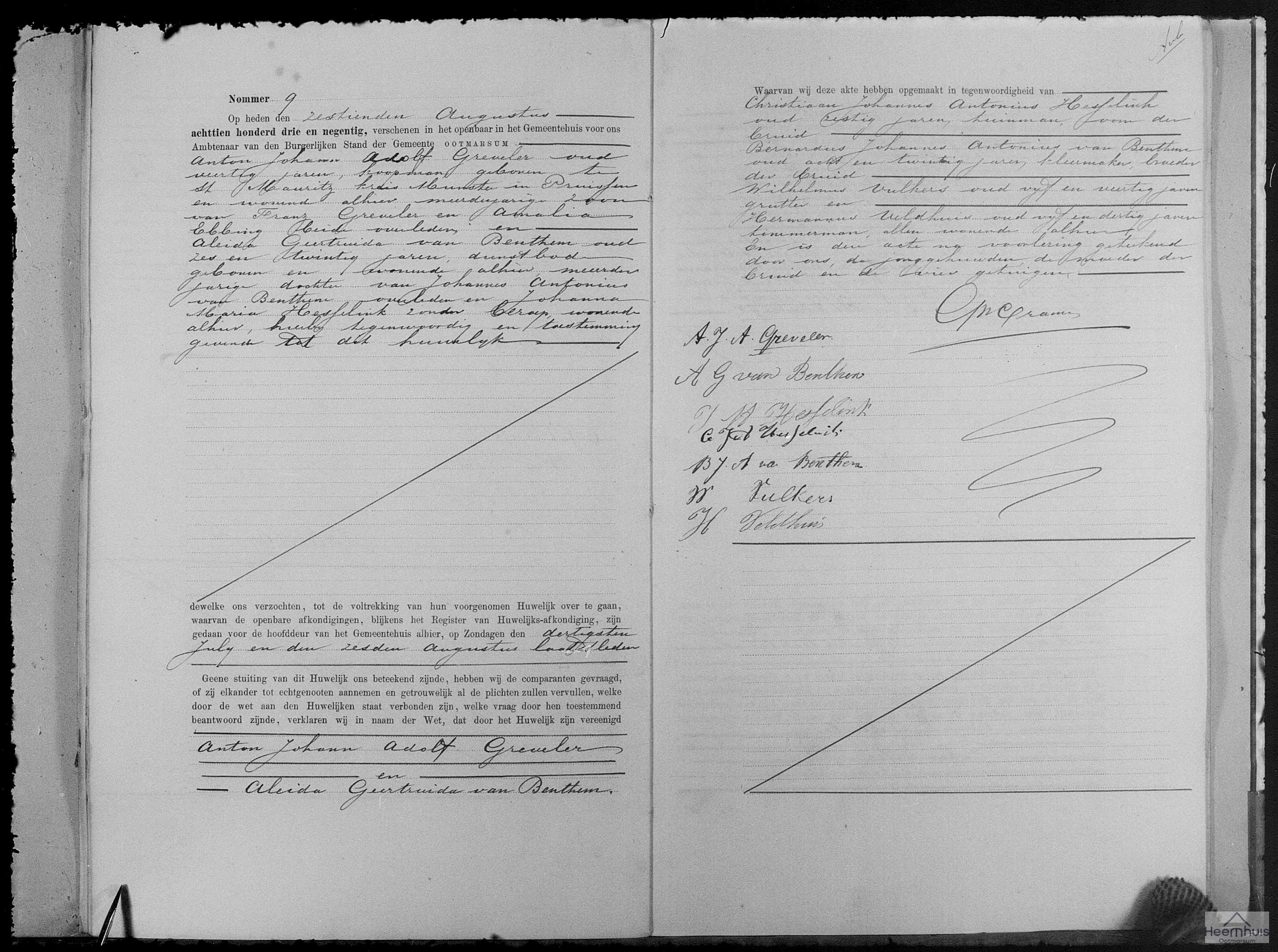 Huwelijksakte van Anton Johann Adolf Greveler en Aleida Geertruida van Benthem