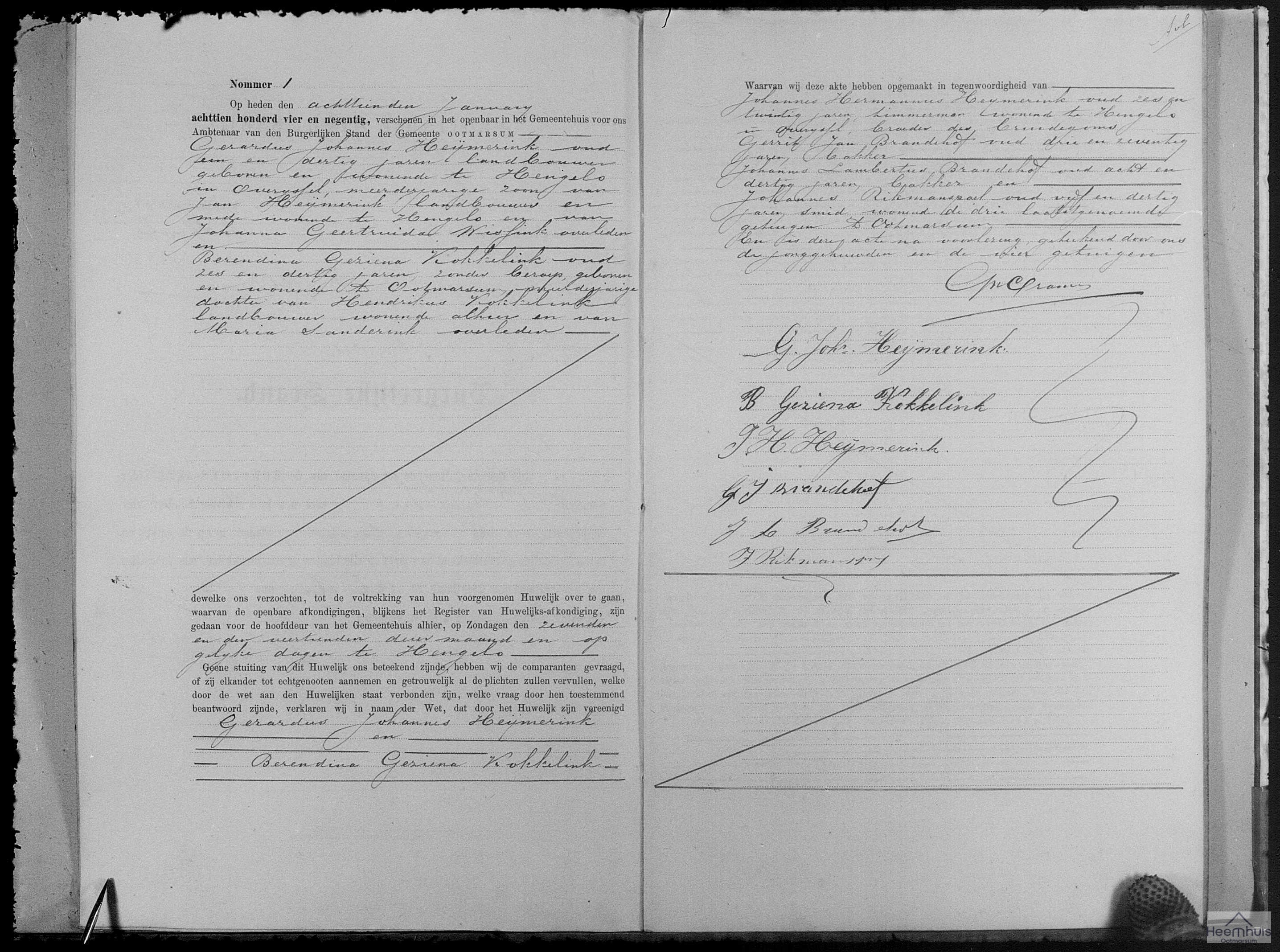 Huwelijksakte van Gerardus Johannes Heijmerink en Berendina Geziena Kokkelink Huwelijksakte van Gerardus Johannes Heijmerink en Berendina Geziena Kokkelink