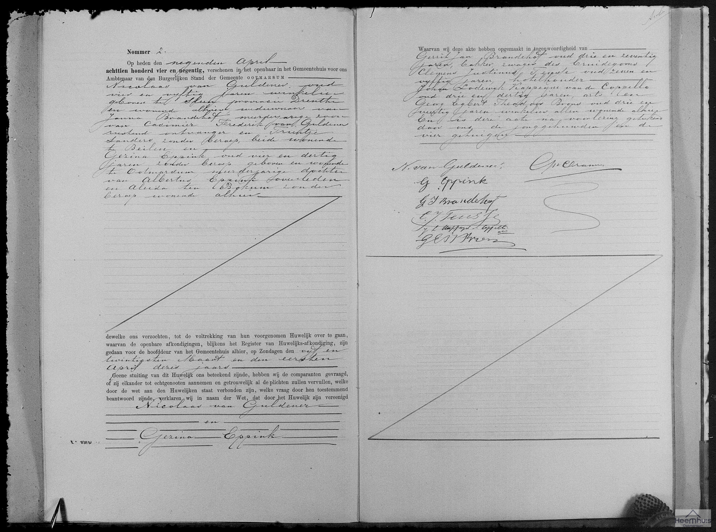 Huwelijksakte van Nicolaas van Guldener en Gezina Eppink