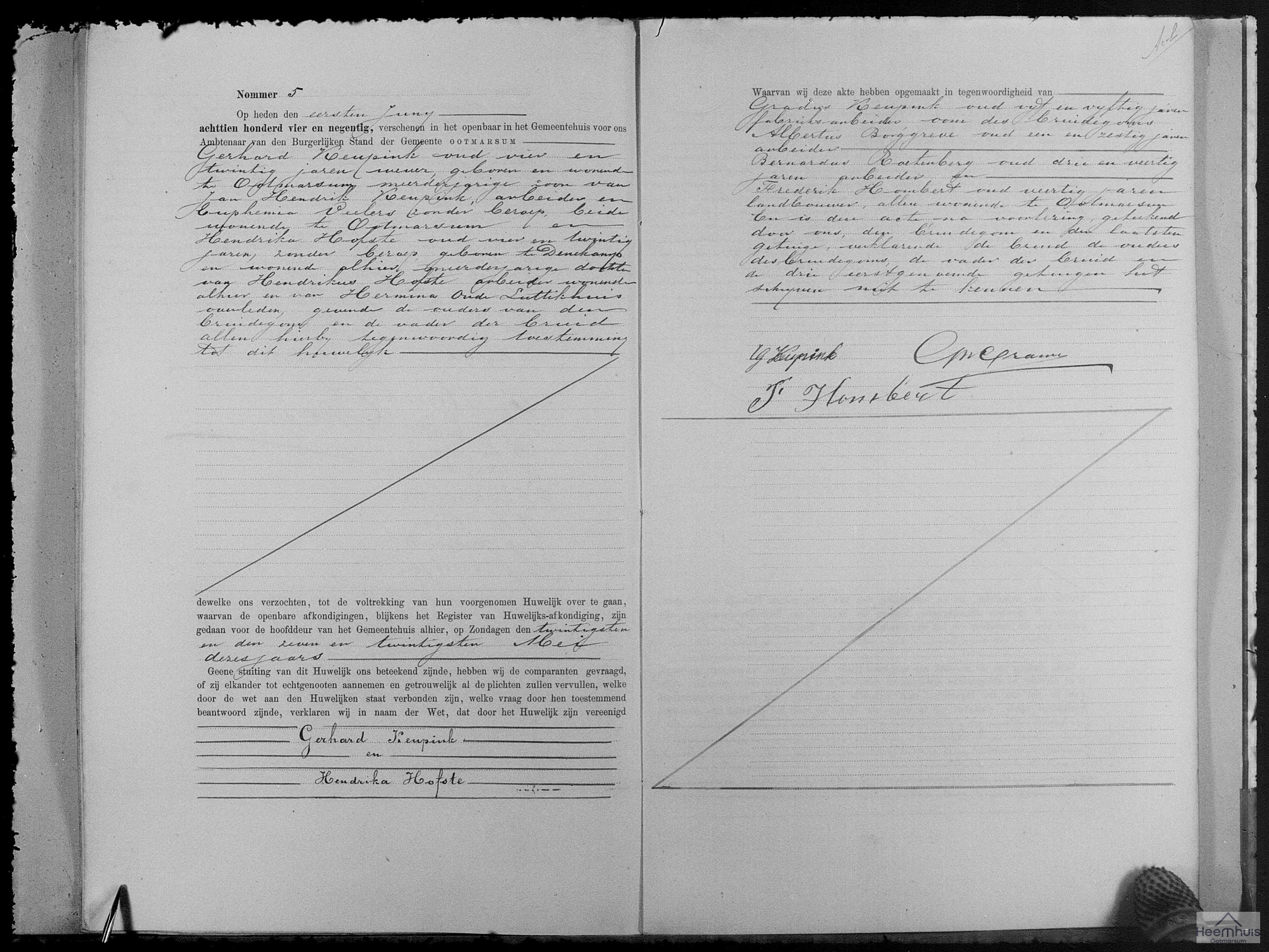 Huwelijksakte van Gerhard Keupink en Hendrika Hofste