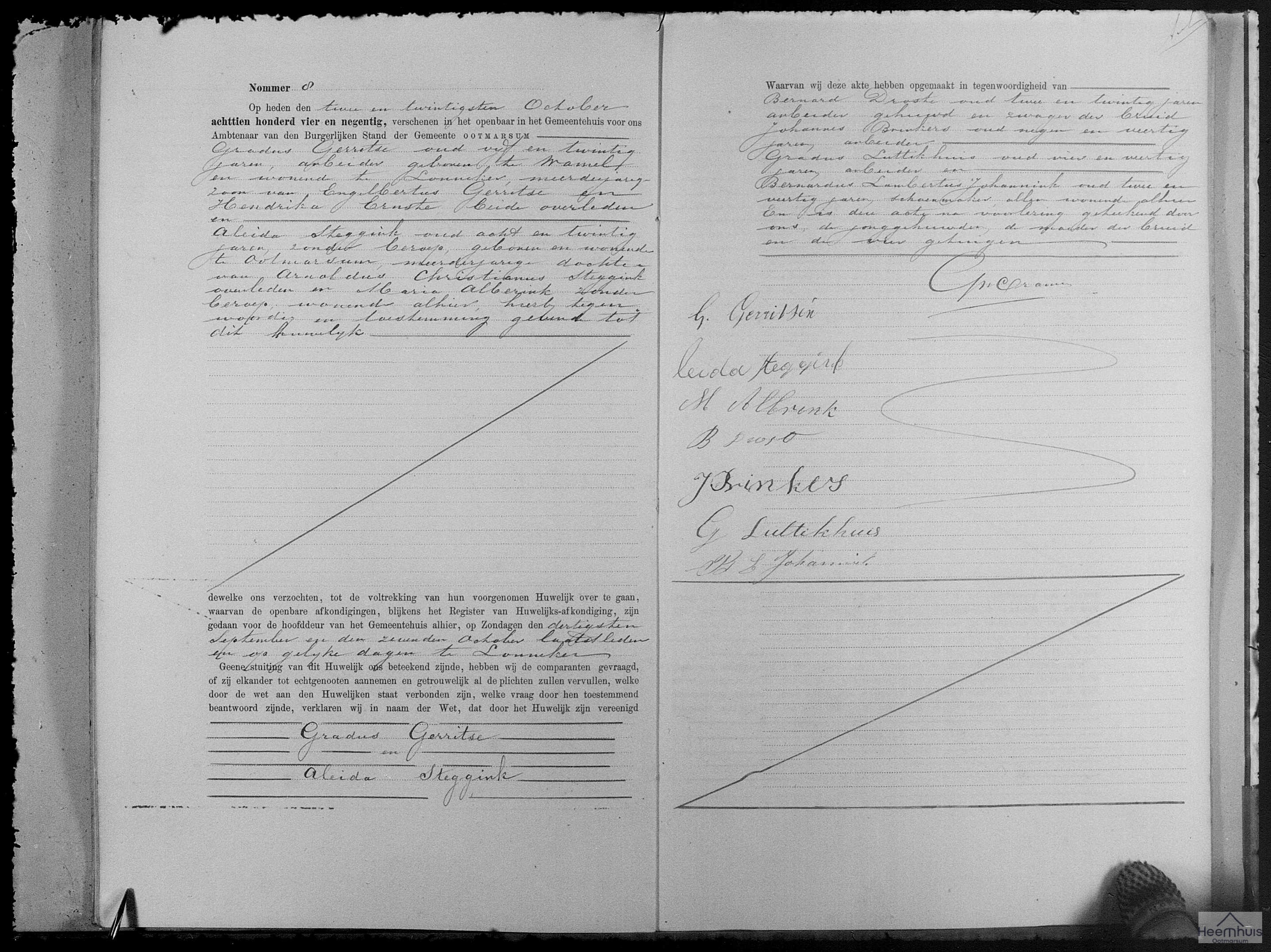 Huwelijksakte van Gradus Gerritse en Aleida Steggink