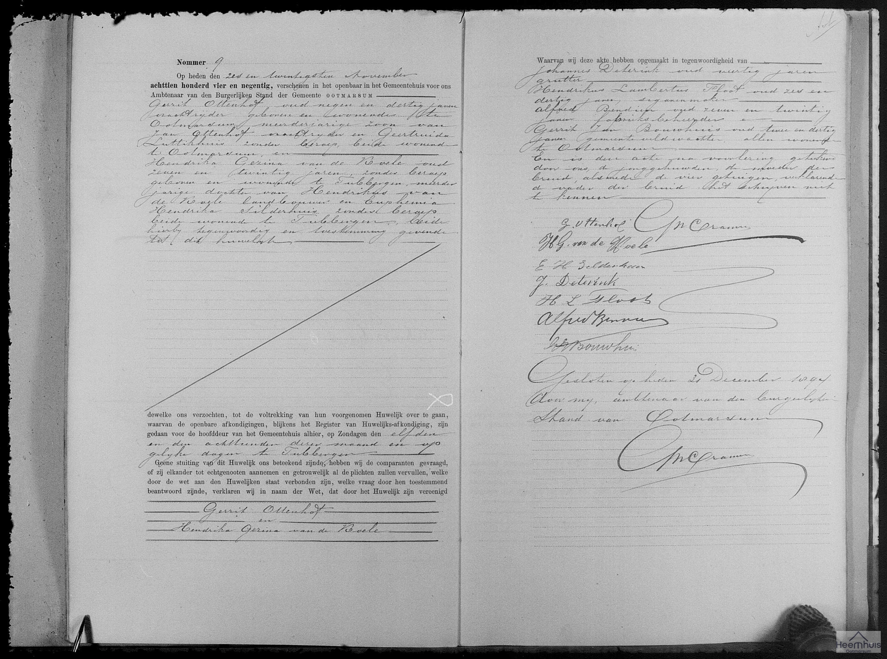 Huwelijksakte van Gerrit Ottenhof en Hendrika Gezina van de Koele