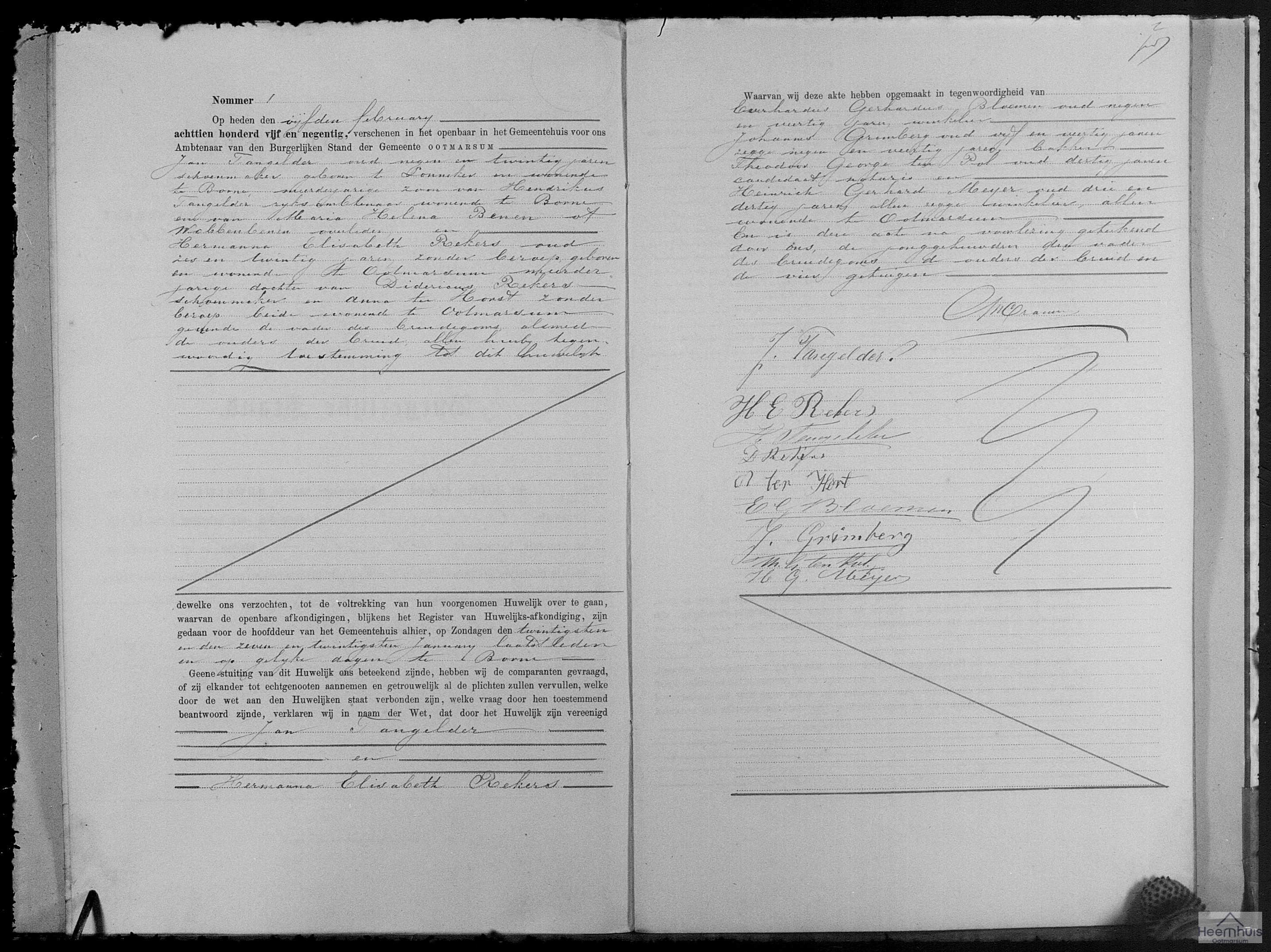 Huwelijksakte van Jan Tangelder en Hermanna Elisabeth Rekers