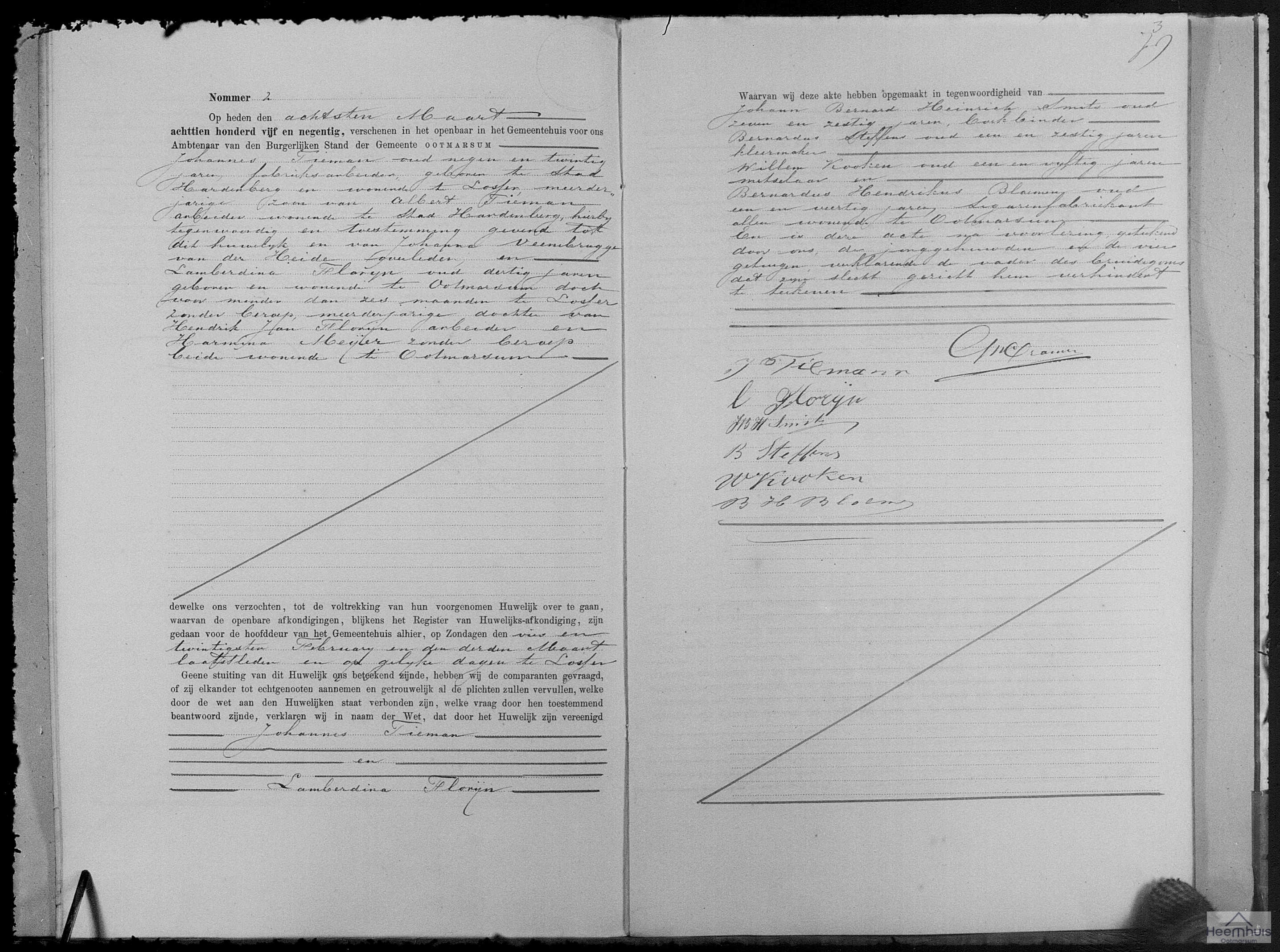 Huwelijksakte van Johannes Tieman en Lamberdina Florijn