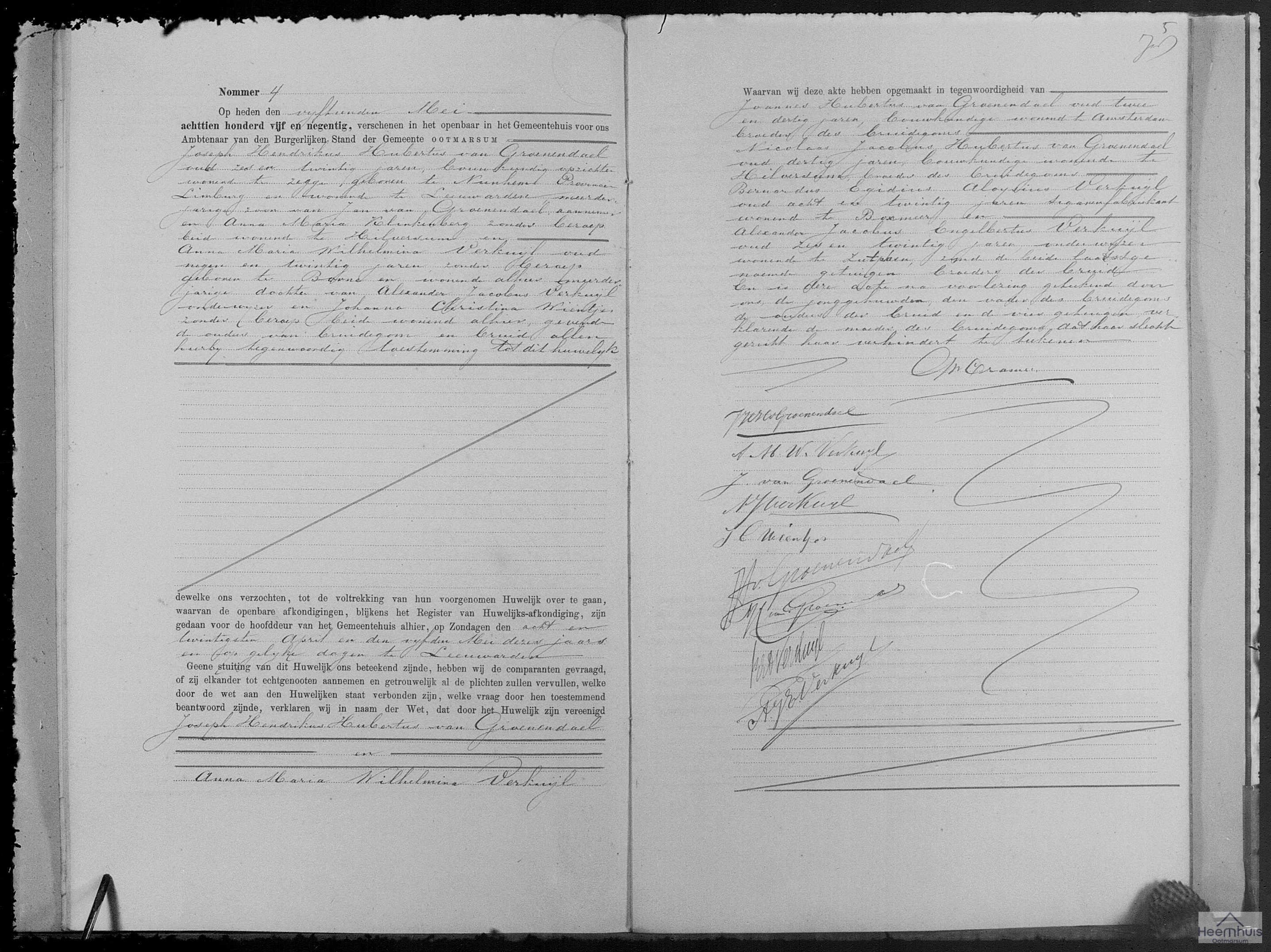 Huwelijksakte van Joseph Hendrikus Hubertus van Groenendael en Anna Maria Wilhelmina Verkuijl