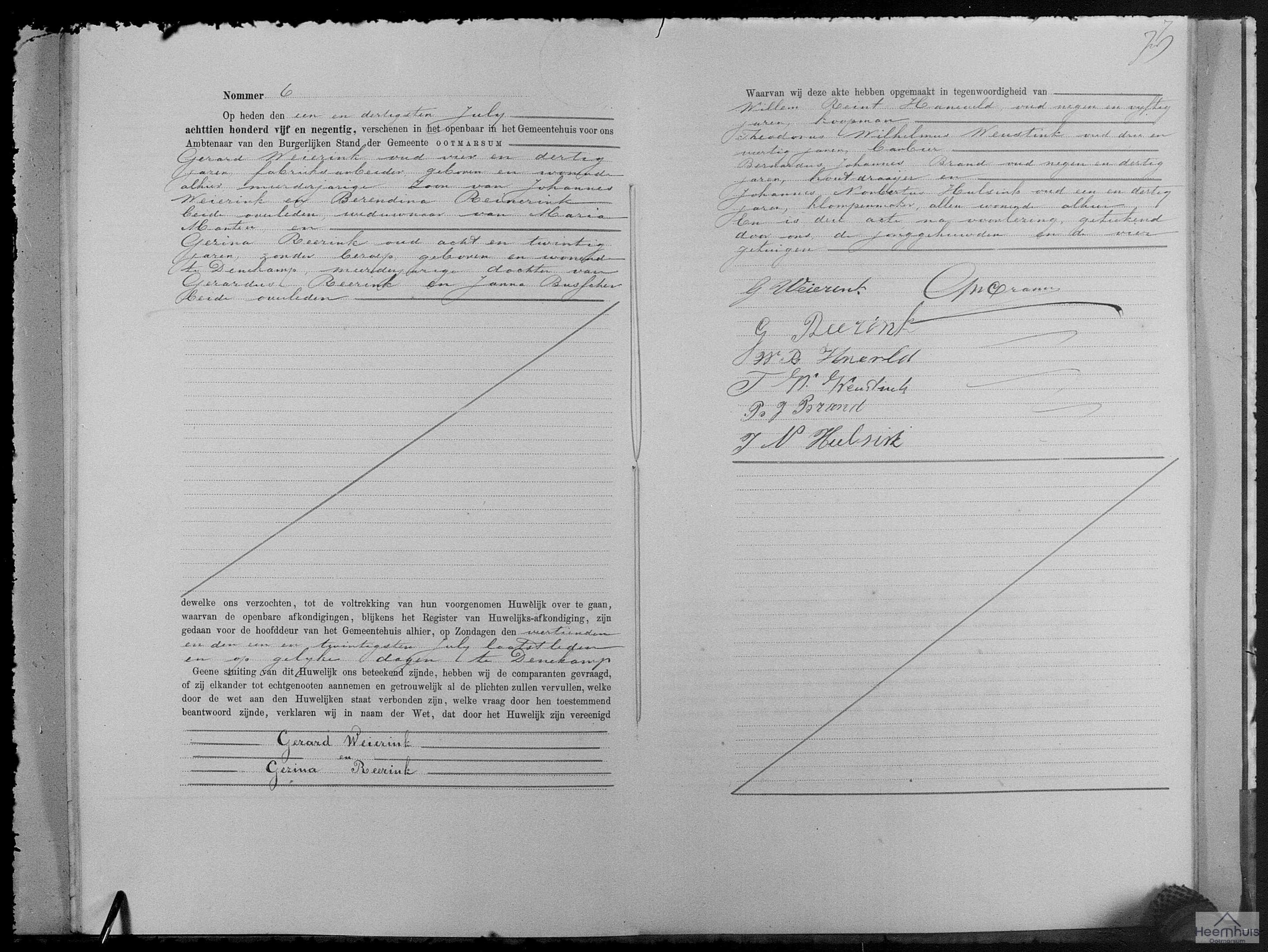 Huwelijksakte van Gerard Weierink en Gezina Reerink
