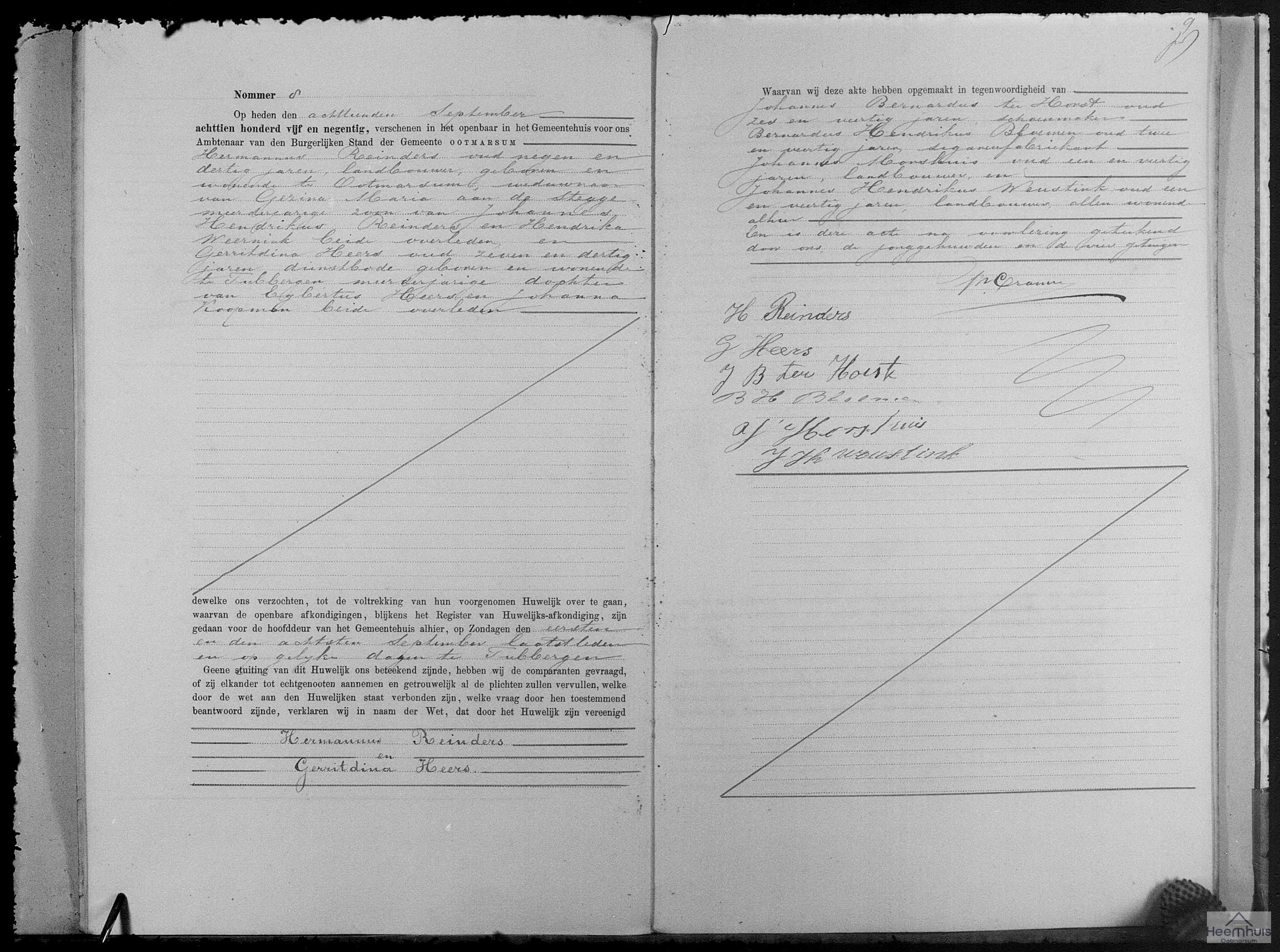 Huwelijksakte van Hermannus Reinders en Gerritdina Heers