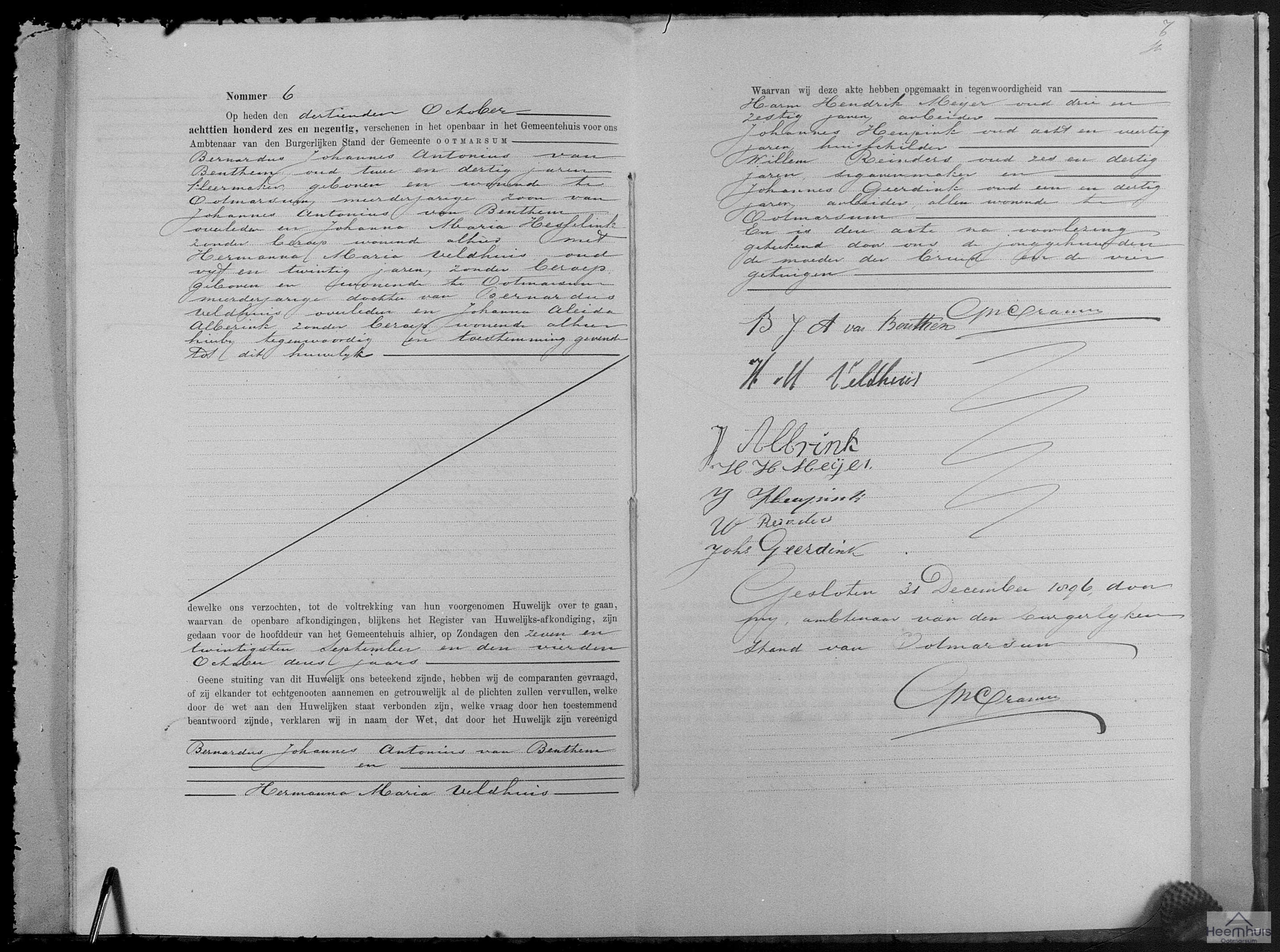 Huwelijksakte van Bernardus Johannes Antonius van Benthem en Hermanna Maria Veldhuis
