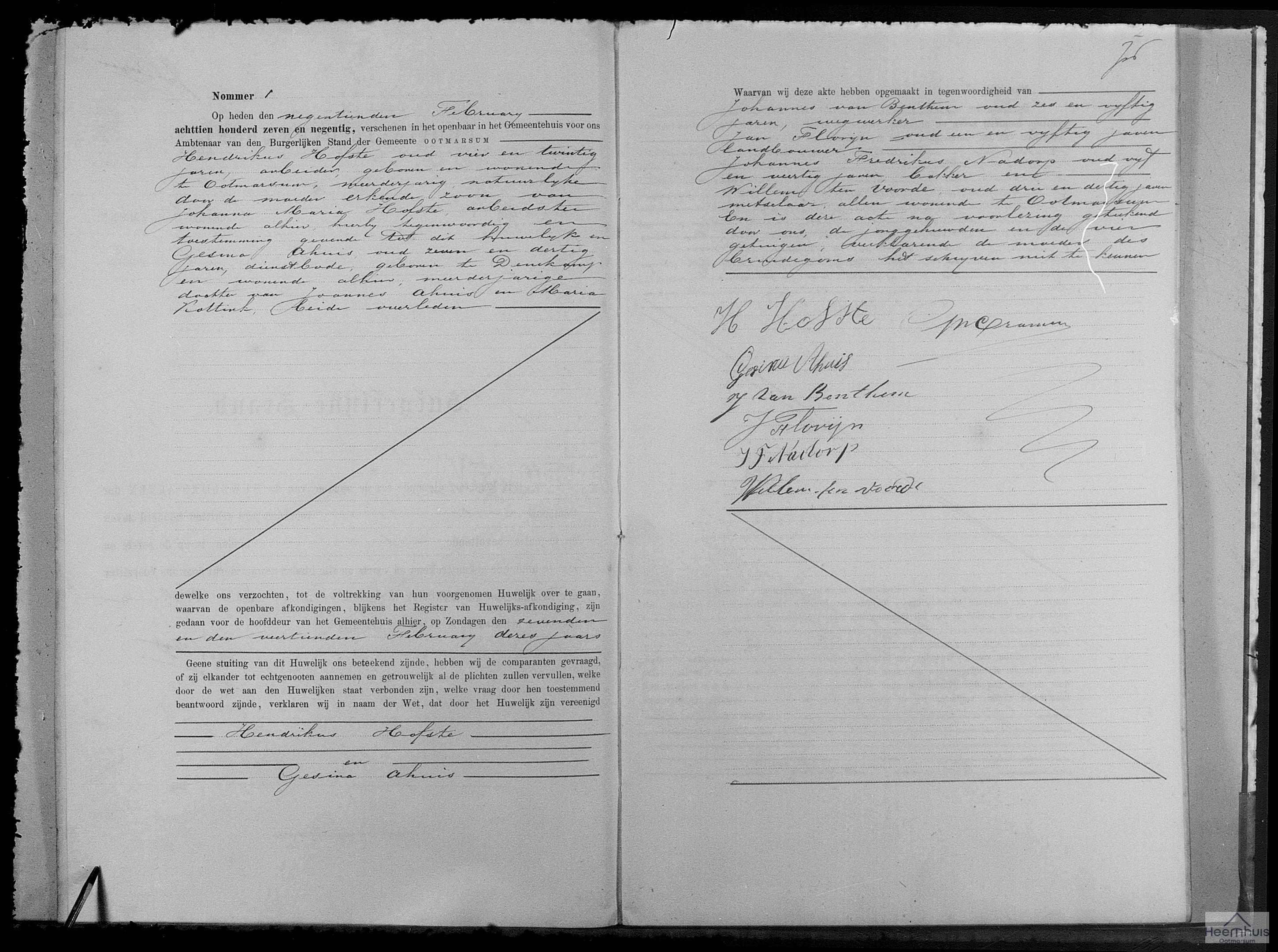 Huwelijksakte van Hendrikus Hofste en Gesina Ahuis