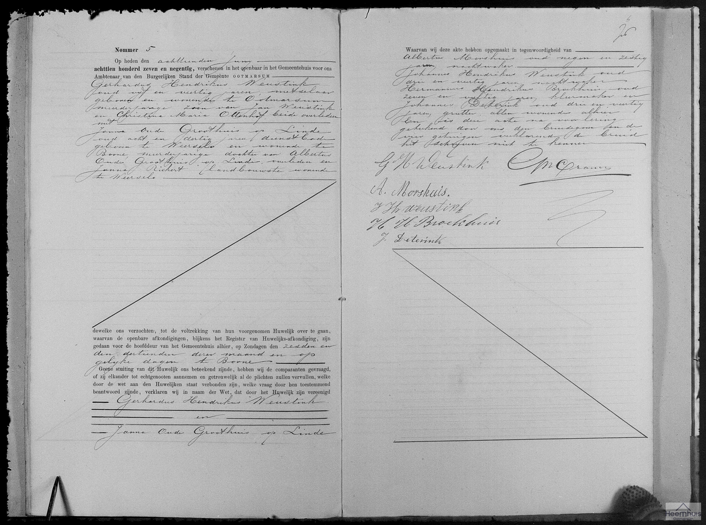 Huwelijksakte van Gerhardus Hendrikus Weustink en Janna Oude Groothuis op Linde Huwelijksakte van Gerhardus Hendrikus Weustink en Janna Oude Groothuis op Linde
