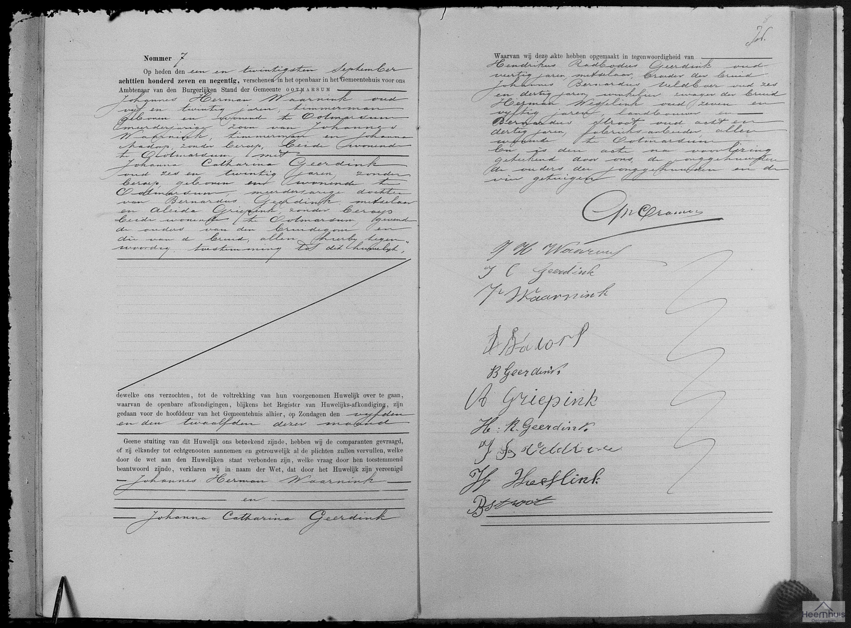 Huwelijksakte van Johannes Herman Waarnink en Johanna Catharina Geerdink