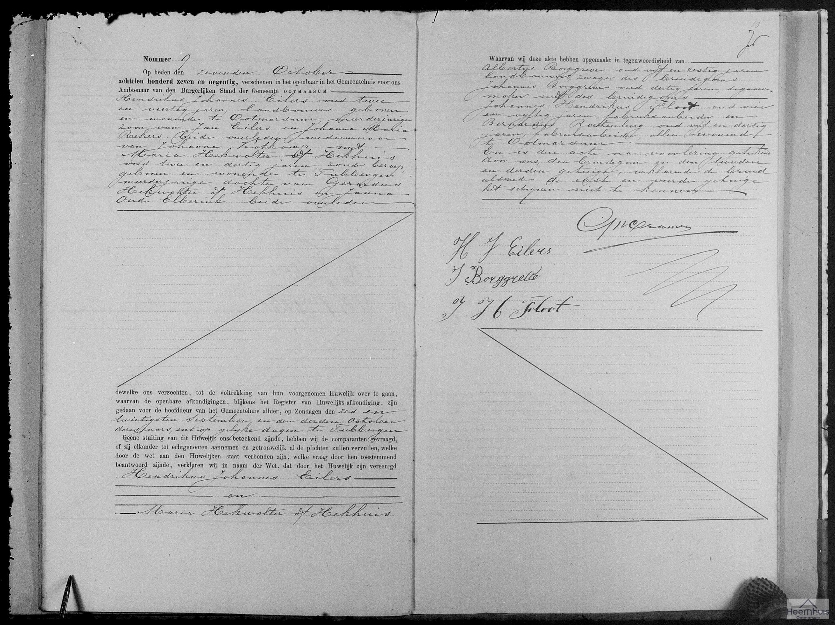 Huwelijksakte van Hendrikus Johannes Eilers en Maria Hekwolter of Hekhuis