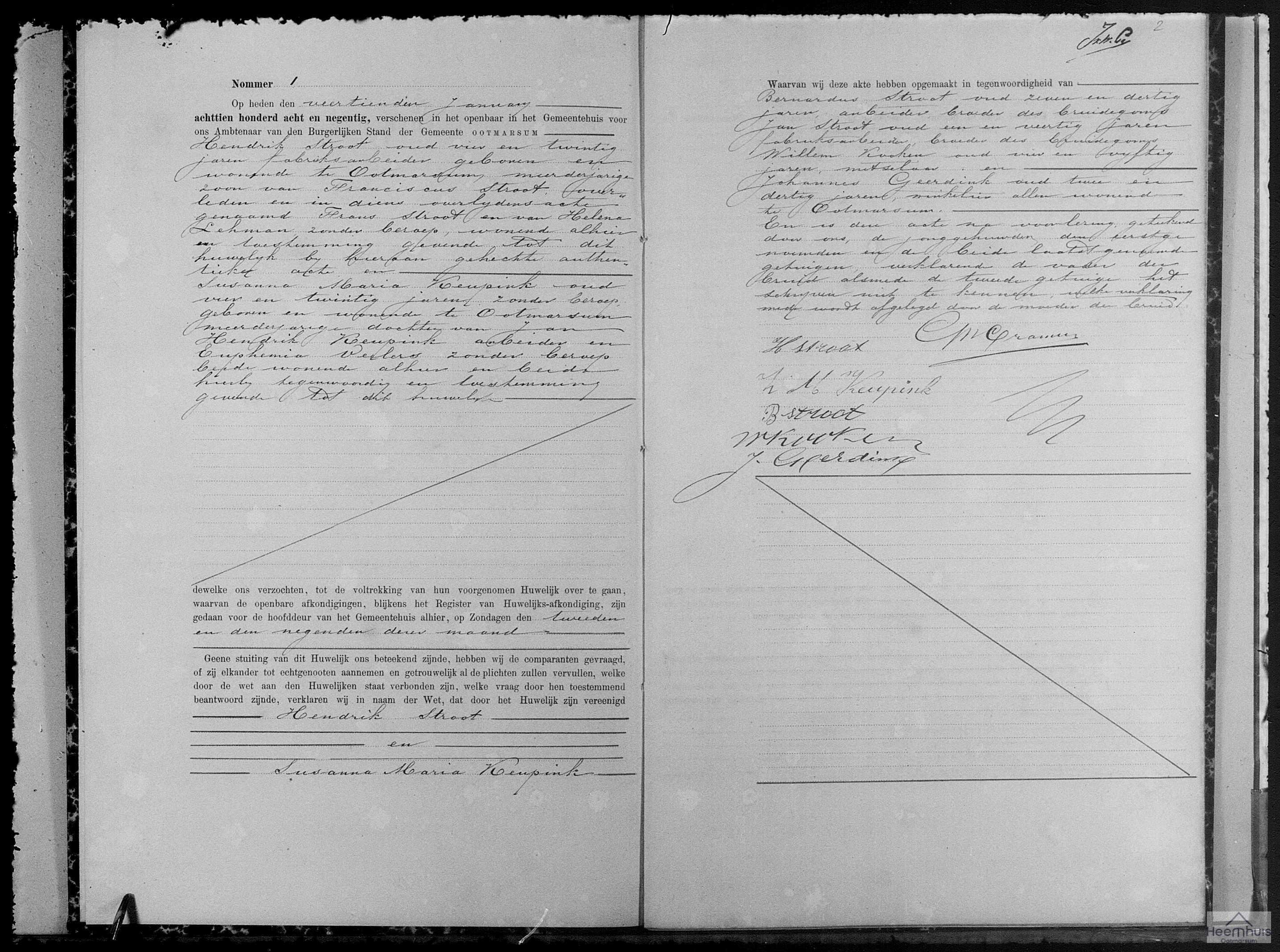 Huwelijksakte van Hendrik Stroot en Susanna Maria Keupink